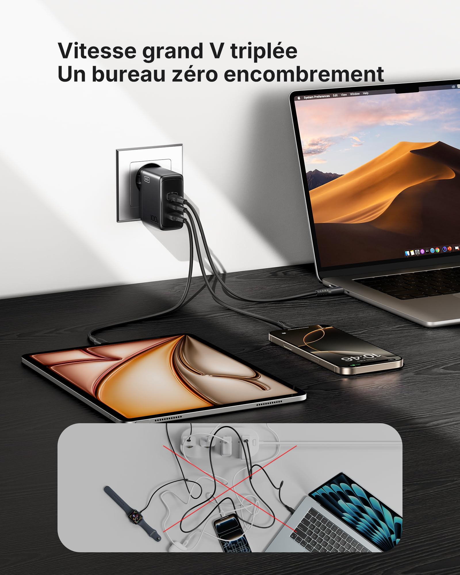 INIU 100W Chargeur USB C, 3-Ports [USBC + USBA] Chargeur Rapide et Compact, GaN QC Prise Type C Adaptateur pour MacBook Air, iPad Pro, iPhone 17 16 Pro Max, Samsung S25 S24 Ultra, Switch 2, Xiaomi etc