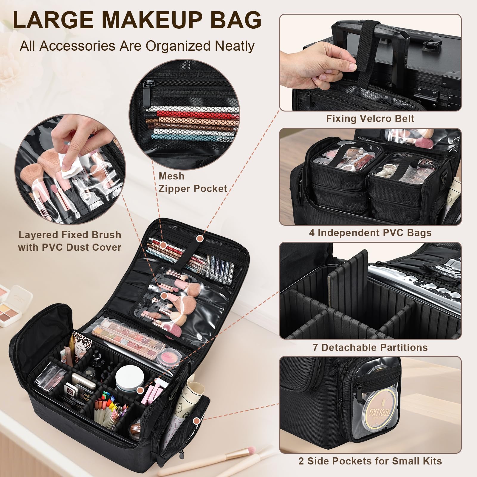Beauty case grande per trucchi, nail art, cosmetici, gioielli, con cinghia per il trasporto, in tessuto di nylon, 29 x 21 x 25 cm, nero e trasparente