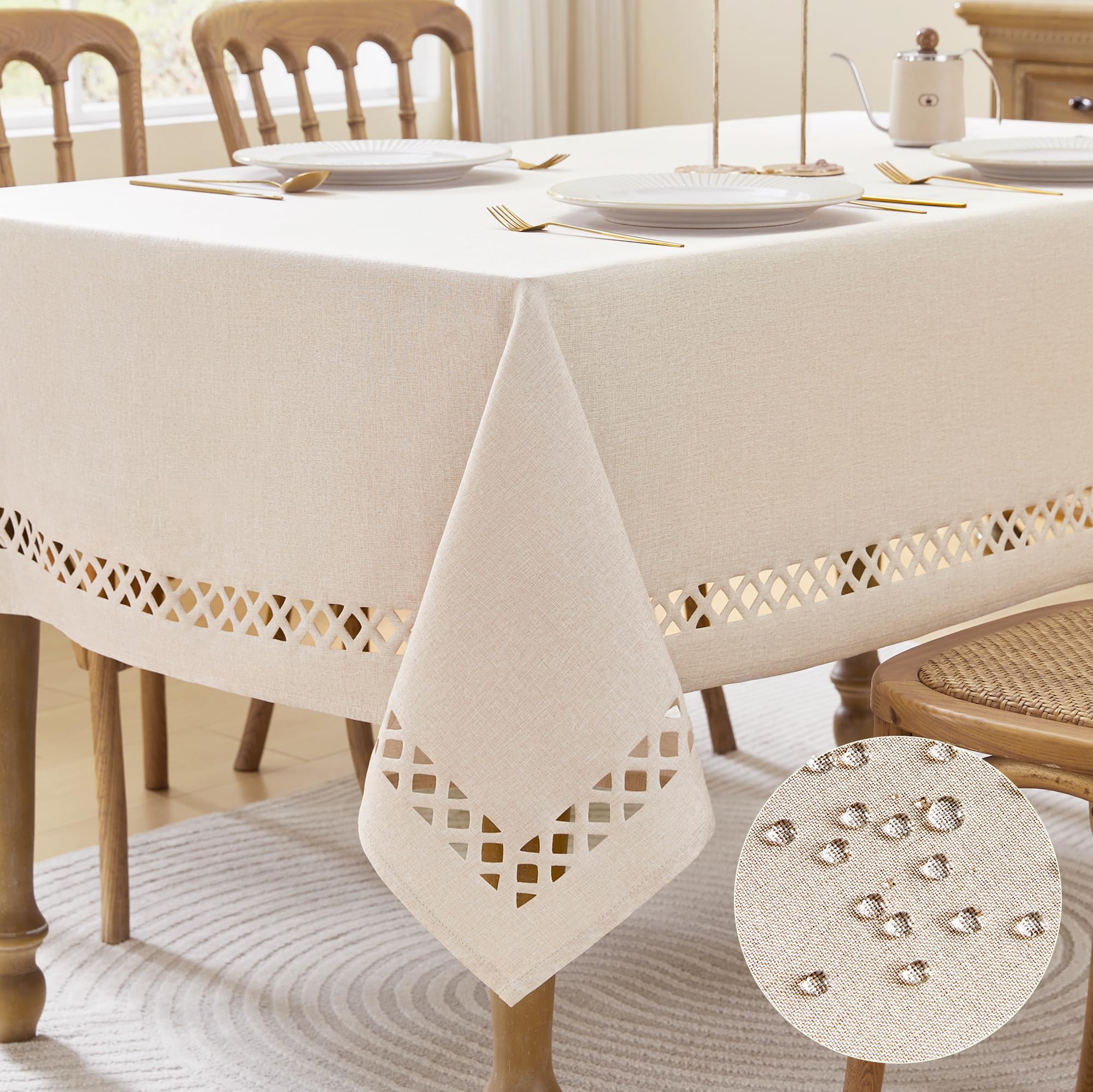 Linen Style Rectangle Tablecloth, Rustic Lattice Cutwork Waterproof Table Cloth, Wrinkle Free Anti-Fading Table Cover for Party, Restaurant, Indoor & Outdoor Dining, 55 x 71 Inchs, Natural