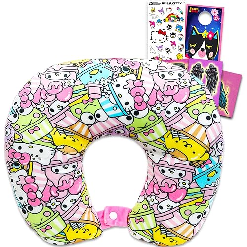 Hello Kitty and Friends Travel Neck Pillow for Kids - Bundle with 13" Kawaii Sanrio Boba Style Neck Pillow, Tattoos, Stickers, More | Hello Kitty and My Melody Travel Accessories for Girls
