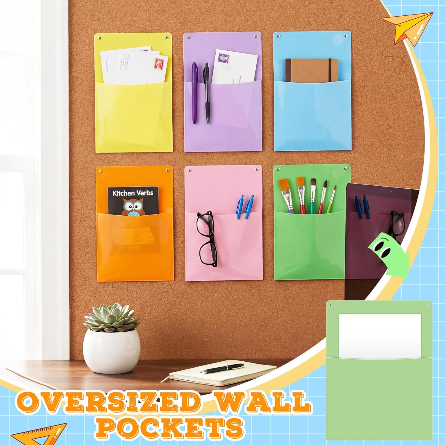 Fuutreo 24 Pcs Pastel Plastic Oversized Wall Pockets 12.6" x 9.4" Inches Hanging Wall Mounted File Holder Mail Organizer for Classroom Bulletin Boards Home Office School
