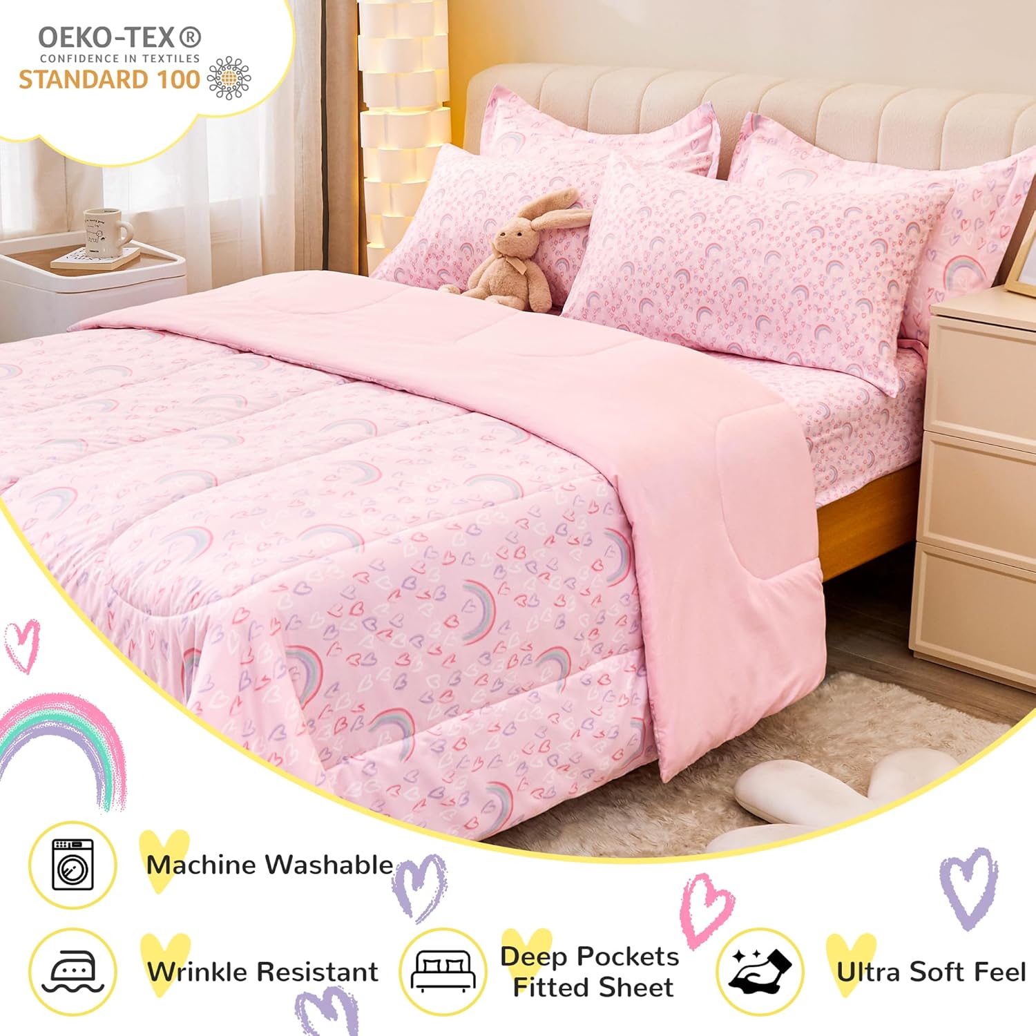 Viviland Kids Twin Bedding Sets for Girls, Soft Twin Comforter Set with Sheets, 5 Pieces Microfiber Bed in a Bag, Pink Heart Rainbow - Image 4