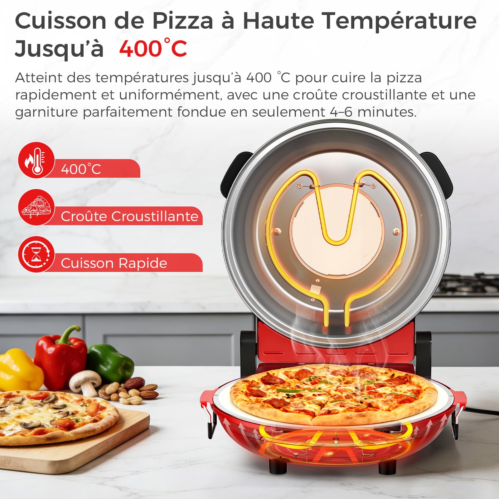 YASHE Four À Pizza Électrique 400°C, 1200W, Pizza Prête En 4–6 Min | Pierre À Pizza 30 cm · Double Chauffe · Fenêtre · Minuteur · Portable Pour La Maison