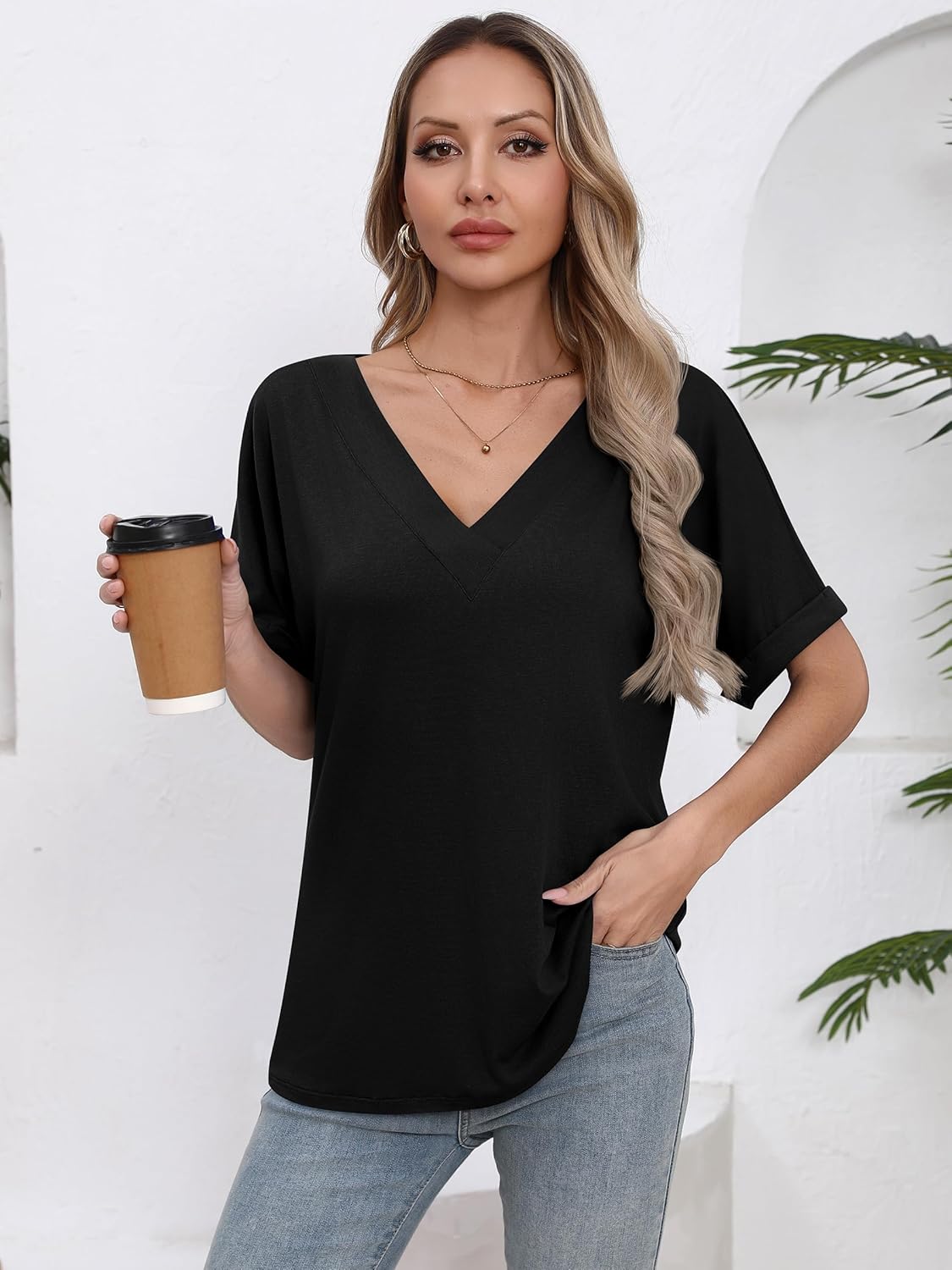 Missufe Women's 2025 Summer Tops V Neck Short Batwing Sleeve Loose Fit Casual Basic T Shirt - Image 2