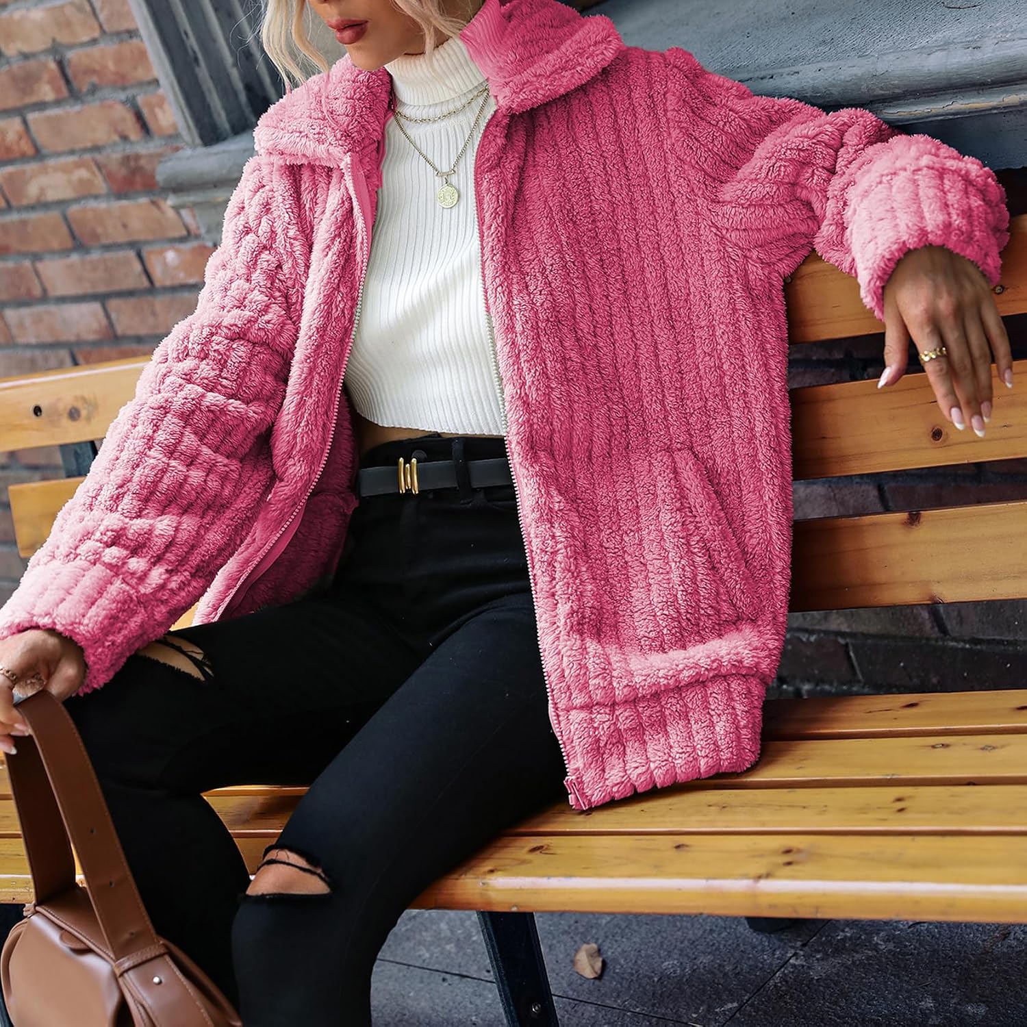Vipwest Women's Fleece Jacket Women Full Zip Long Sleeve Lapel Collar Sherpa Coat Outerwear with Pockets (S-5XL)