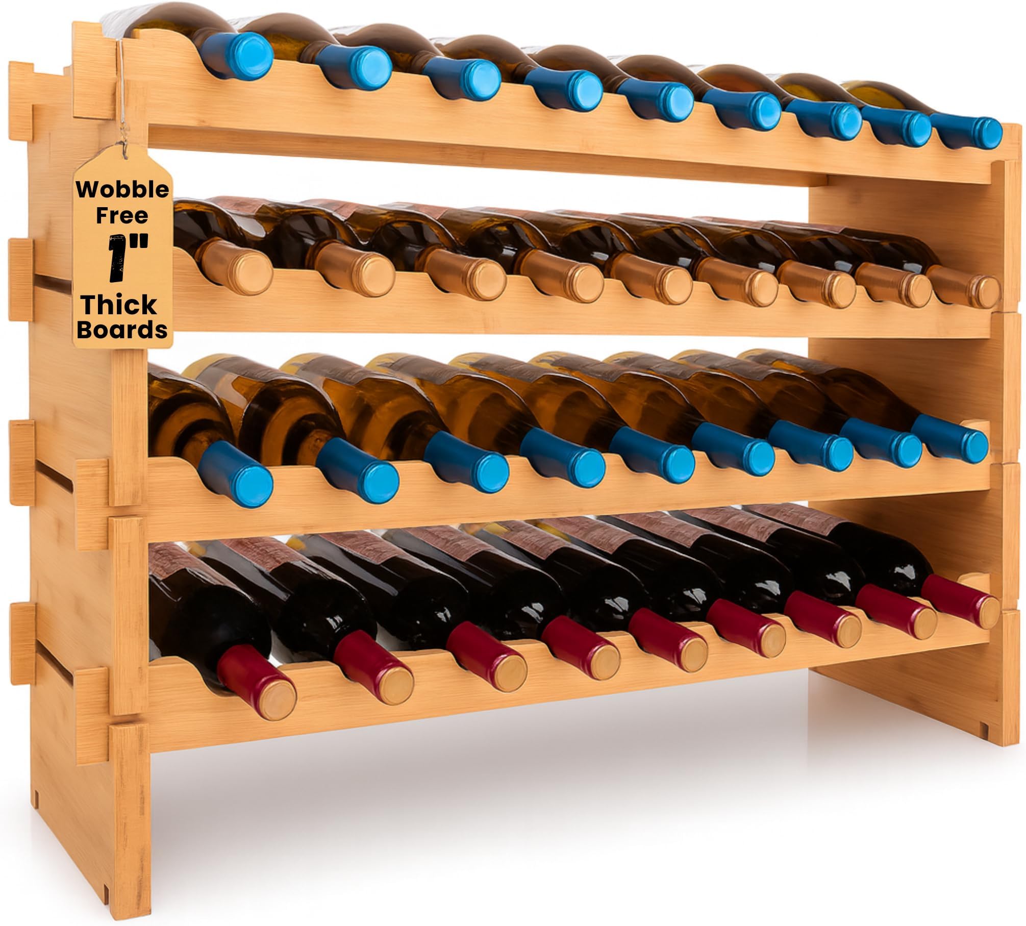 36 Bottle Wine Rack Stackable Bamboo Freestanding, 4-Tier Modular Shelf, Sturdy Wobble Free, Upgraded 2026 Design, Easy No-Tool Assembly for Kitchen, Cellar or Bar Storage 33.5" x 10" x 21"