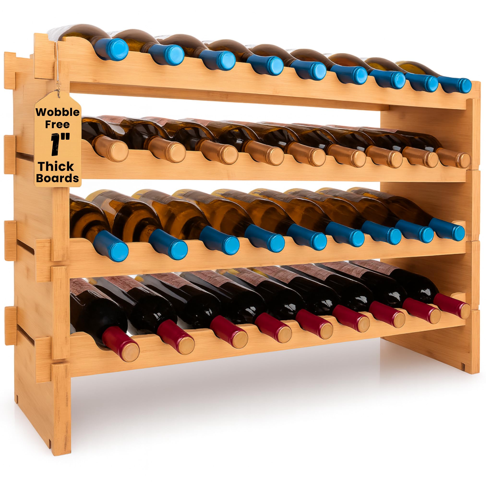 SereneLife Bamboo Stackable Wine Rack, 4-Tier 36 Bottle Capacity Wine Racks Free Standing Floor, No Tools Assembly, Modular Storage Display Shelf for Kitchen and Cellar 33.5" x 10" x 21"