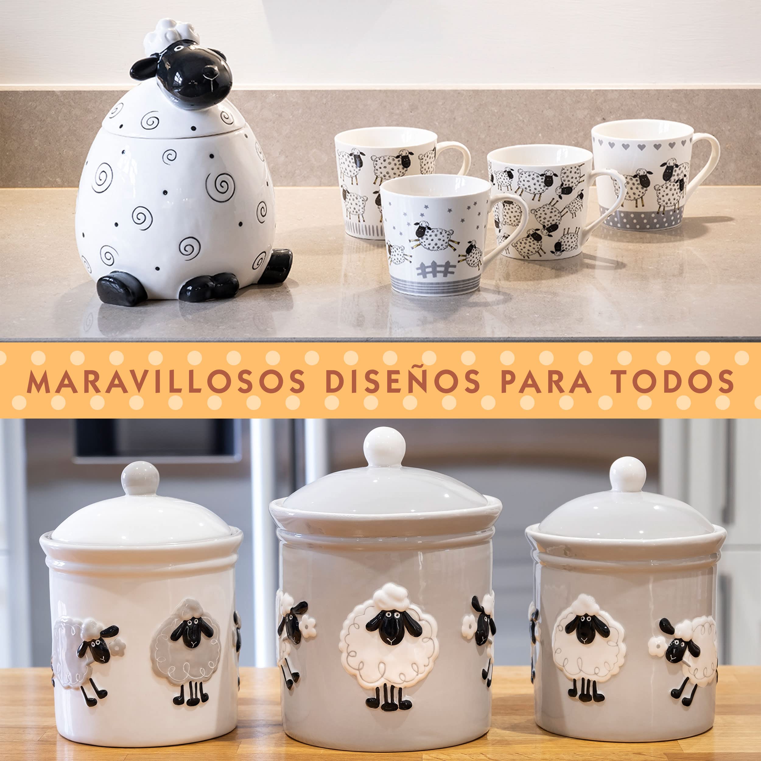 SPOTTED DOG GIFT COMPANY Bote Galletas de Cerámica con Oveja, 2200 ml Galletero Negro y Blanco con Tapa, Regalo para Amantes Animales