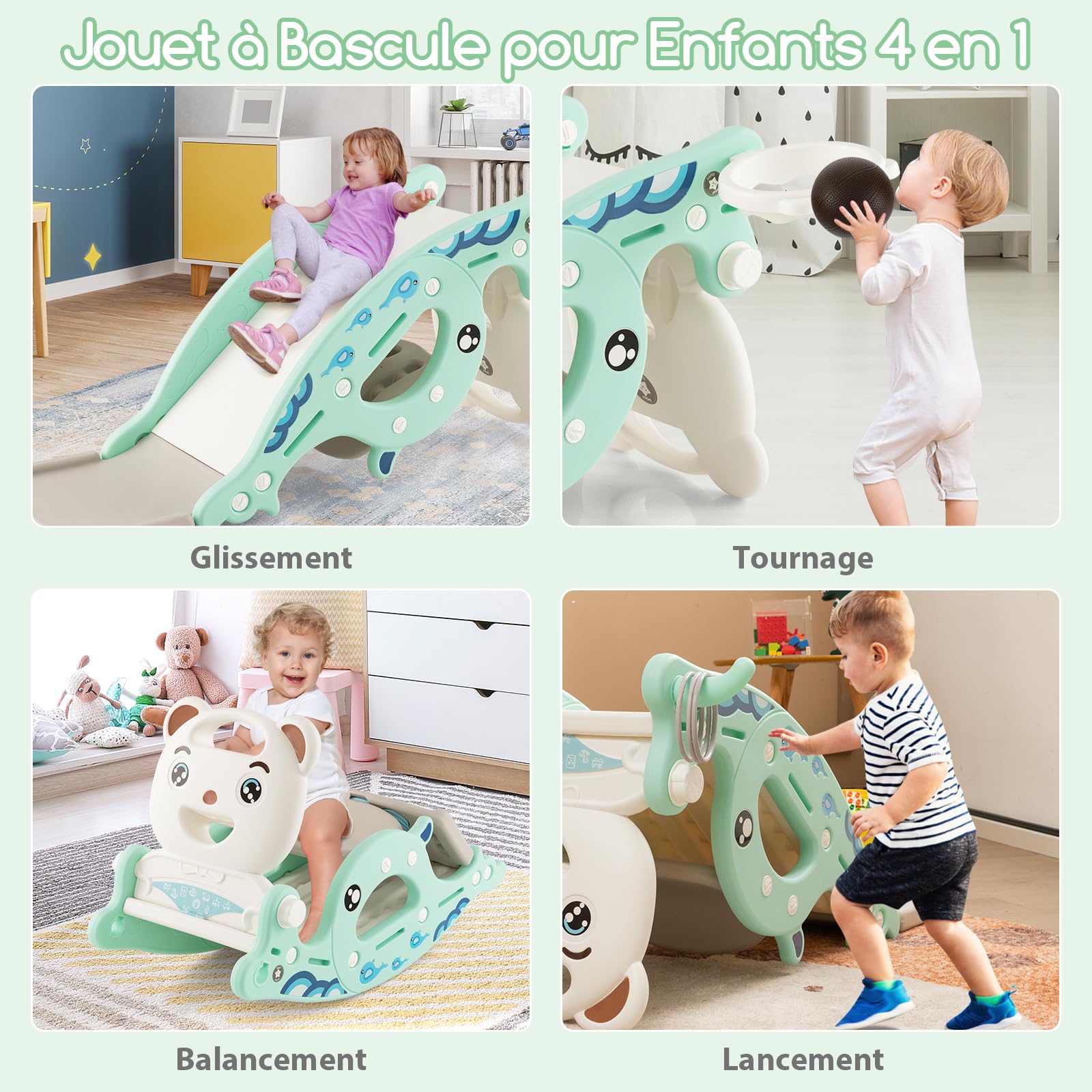 COSTWAY 4 en 1 Toboggan Enfants avec 3 Modes & Motif d'ours, Cheval à Bascule Intérieur Extérieur avec Panier de Basketball & Ballon, Charge 50kg pour Enfants de 3 Ans+, 93x65x46,5cm