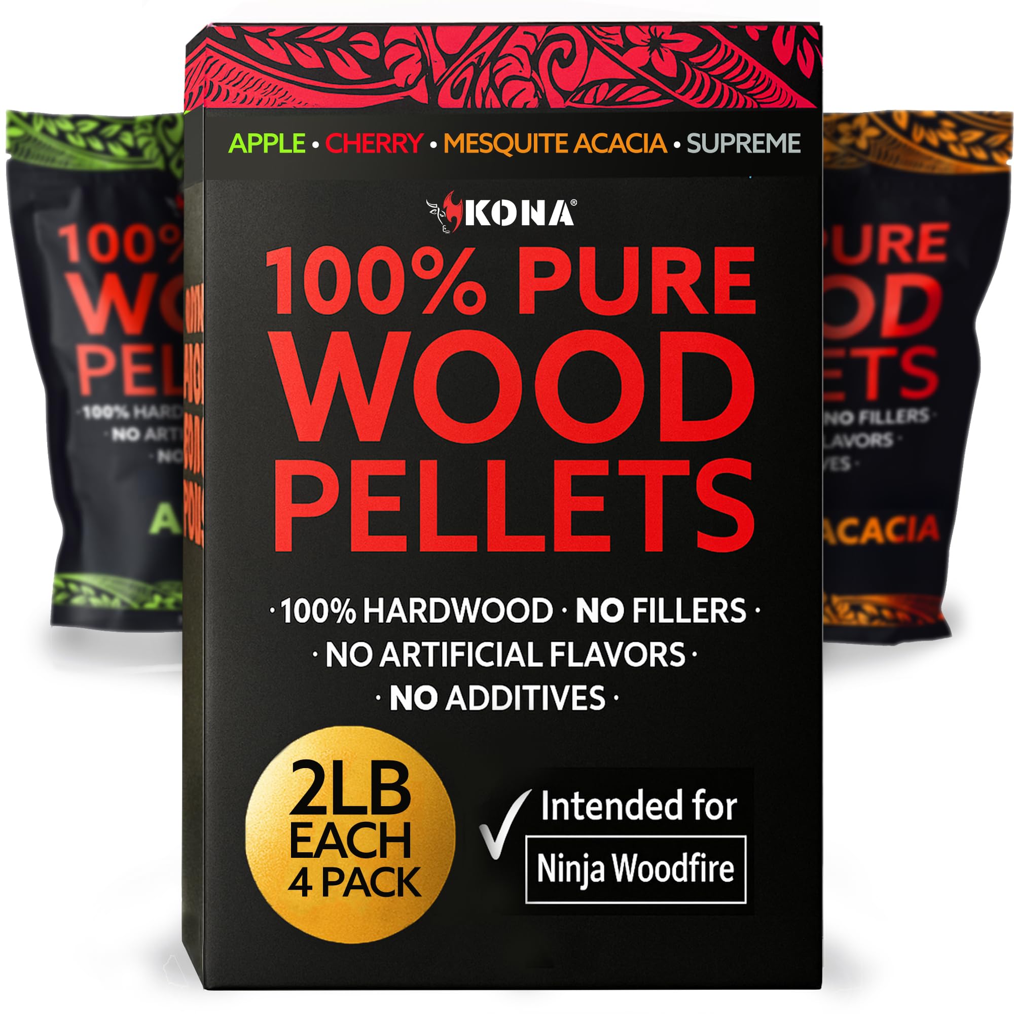 Kona Wood Pellets Variety Pack, Intended for Ninja Woodfire Outdoor Grill, Apple, Cherry, Mesquite, Supreme Blend, 4, 2 lb Resealable Bags