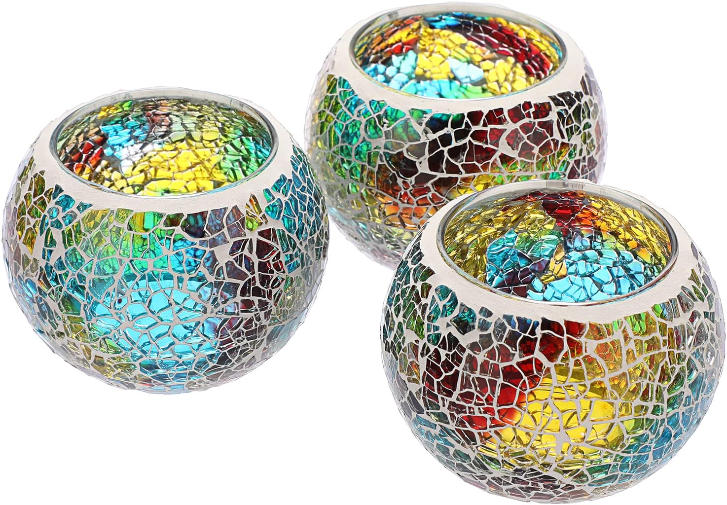 BSTKEY Set of 3 Mosaic Glass Tea Light Candle Holders, Decorative Votive Candle Stand, Round Candle Holder Centerpieces for Table, Wedding, Party, Home Decor (Colorful)