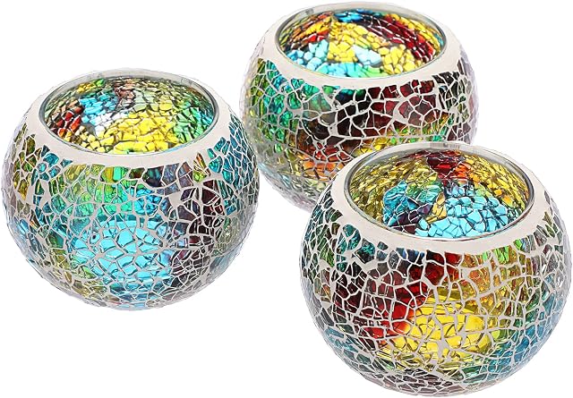BSTKEY Set of 3 Mosaic Glass Tea Light Candle Holders, Decorative Votive Candle Stand, Round Candle Holder Centerpieces for Table, Wedding, Party, Home Decor (Colorful)