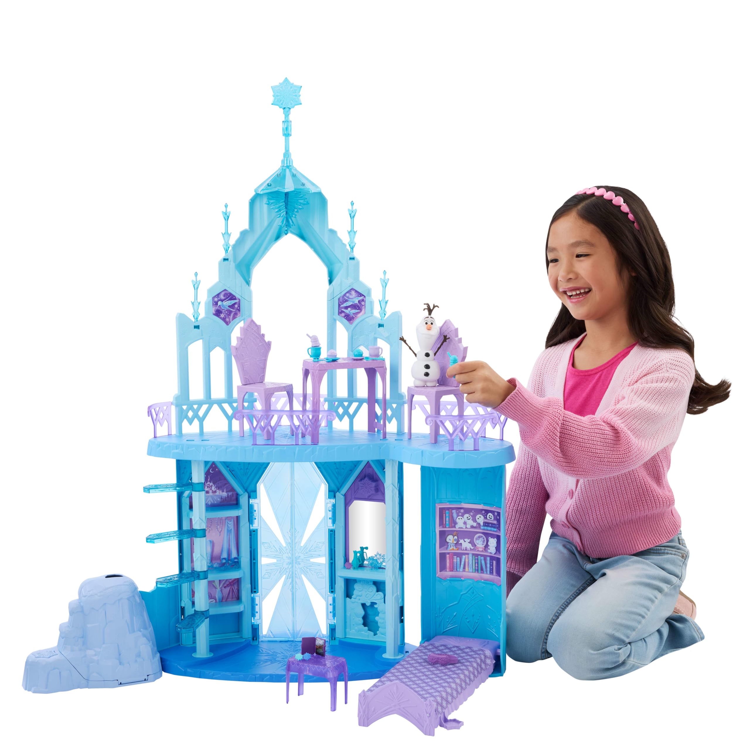 Mattel Disney „Die Eiskönigin ELSA Eispalast Spielset, 76 cm hoch | Olaf-Figur, 5 Spielbereiche, 21 Zubehörteile, 360° Spielspaß, Elsas Eispalast inspiriert von Disney „Die Eiskönigin", JGG41