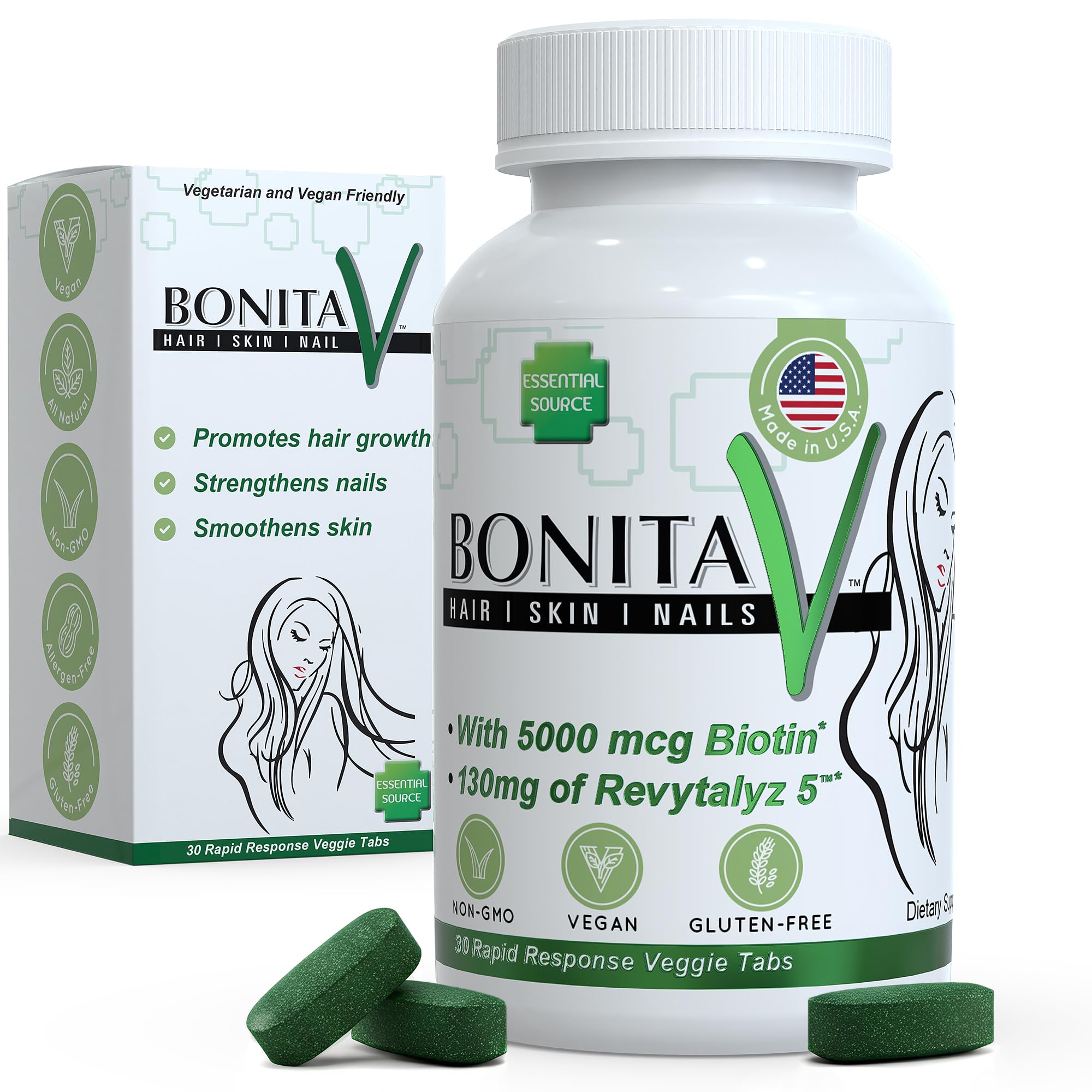 Essential Source Biotin (Biotina Vitaminas) - Hair Skin Nails Vitamins for Women & Men - 5000 mcg - Hair Growth Support Supplements - 30 Tablets - with Revytalyz 5, Vitamin A, C, B12 - Made in USA