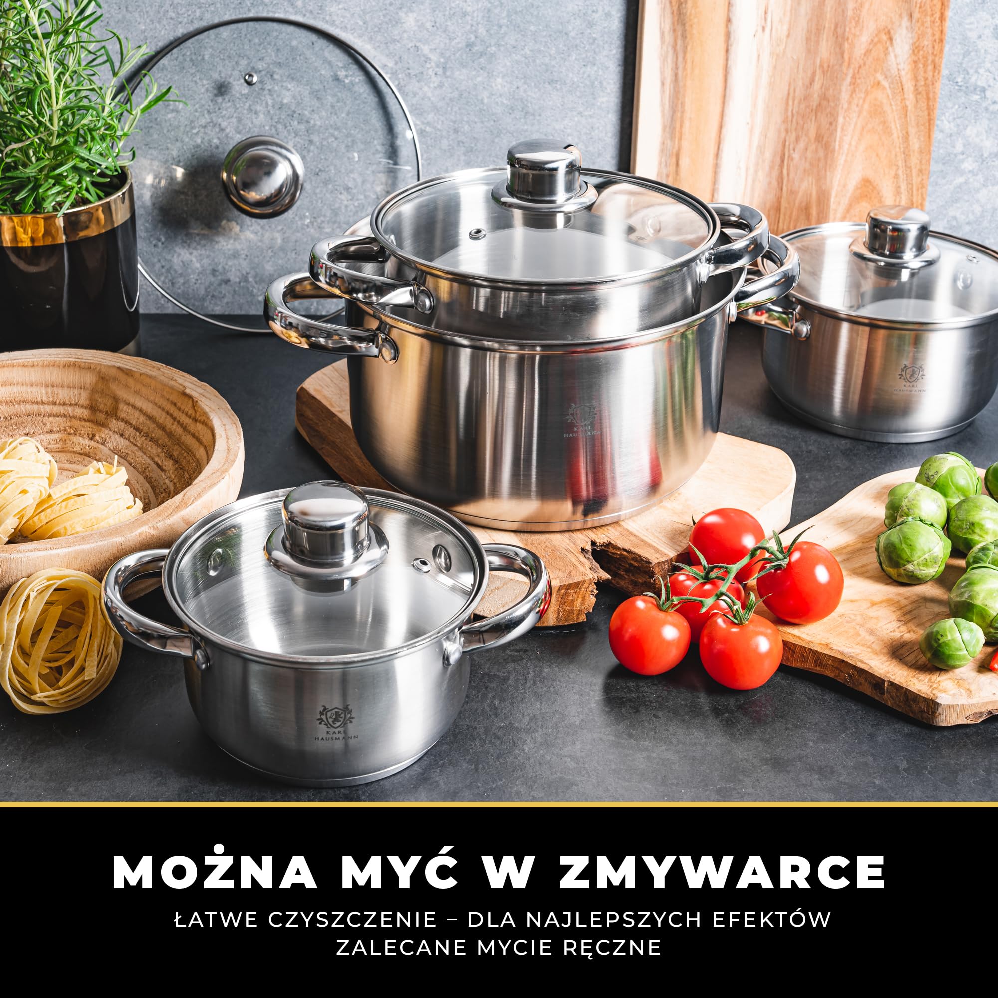 KARL HAUSMANN Zestaw Garnków ze Stali Nierdzewnej 18/0 – 4 Elementy – Garnki z Pokrywkami i Wewnętrzną Miarką – Na Wszystkie Kuchenki, w tym Indukcję - Do Mycia w Zmywarce - kuchenka gazowa