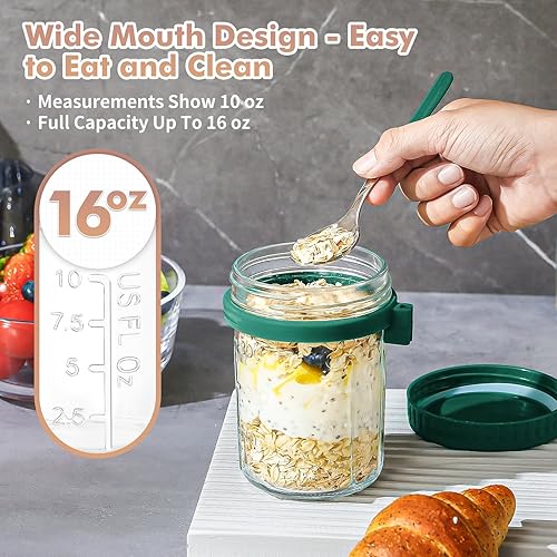 Miniatura 4 de Paquete de 4 recipientes de vidrio para avena durante la noche con tapas y cucharas, tarros de 16 onzas para avena durante la noche, a prueba de