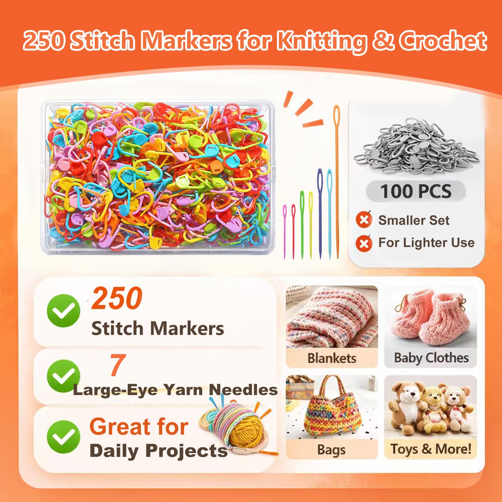 Suhfuib 250 PCS Stitch Markers for Crochet and Knitting, Locking Plastic Stitch Counter Clips, 7 Large-Eye Needles and Storage Case, Essential Crochet Accessories and Supplies for Amigurumi DIY Crafts - 3