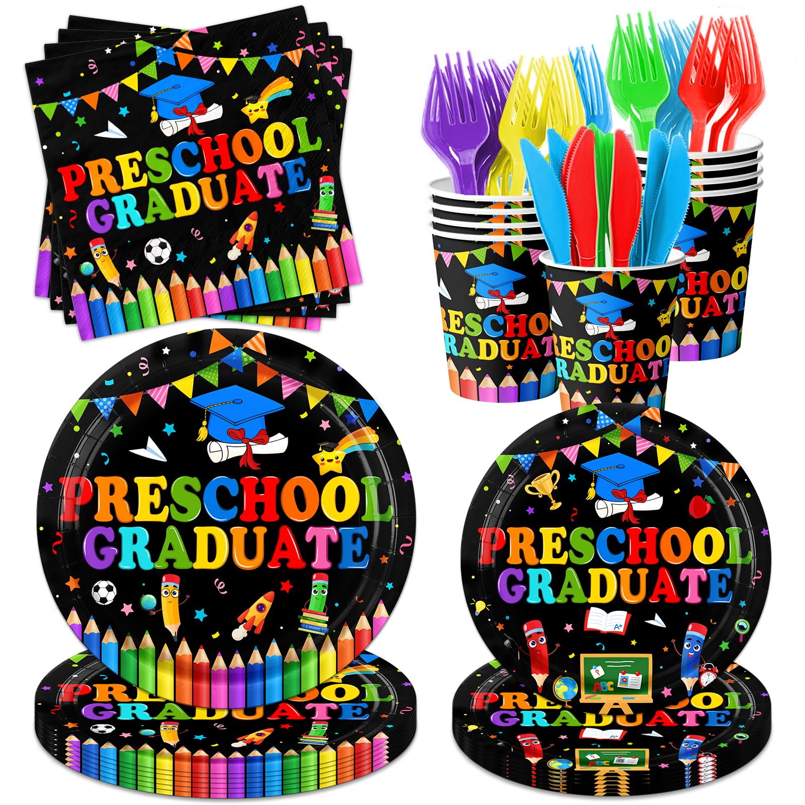 Pymurod 150Pcs Preschool Graduation Decorations 2026 Preschool Graduation Paper Plates Napkins and Cups Tableware for Kindergarten Graduate Party