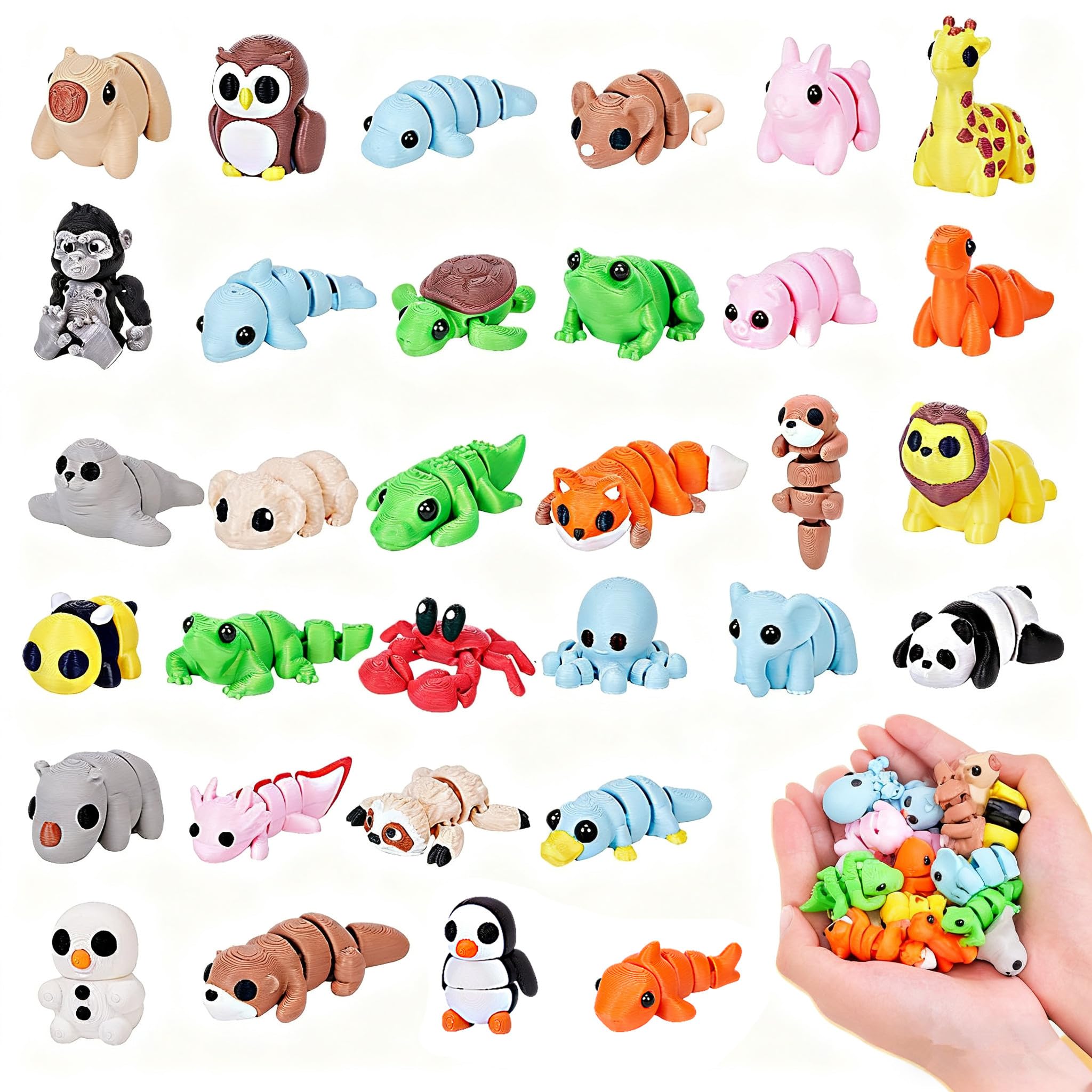 YILCER 32 PCS 3D Printed Mini Animal Set, Cute Mini Animals,Easter Basket Stuffers, 3D Printed Articulating Figurines