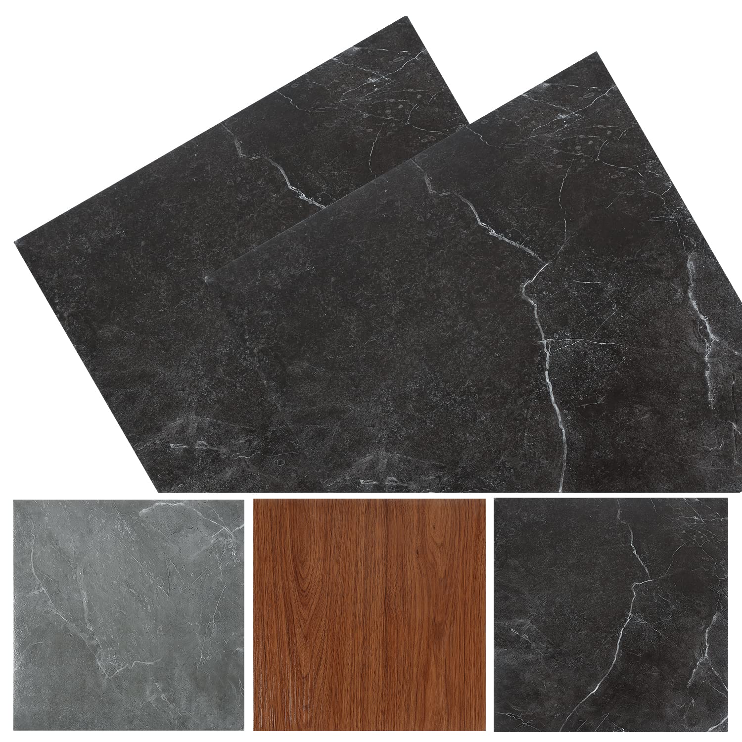 Suelo de PVC Autoadhesivo 30cm x 30cm, 2 m² / 22 baldosas Suelo de vinilo impermeable Autoadhesivo Antideslizante con aspecto de baldosa recortable - Mármol Negro