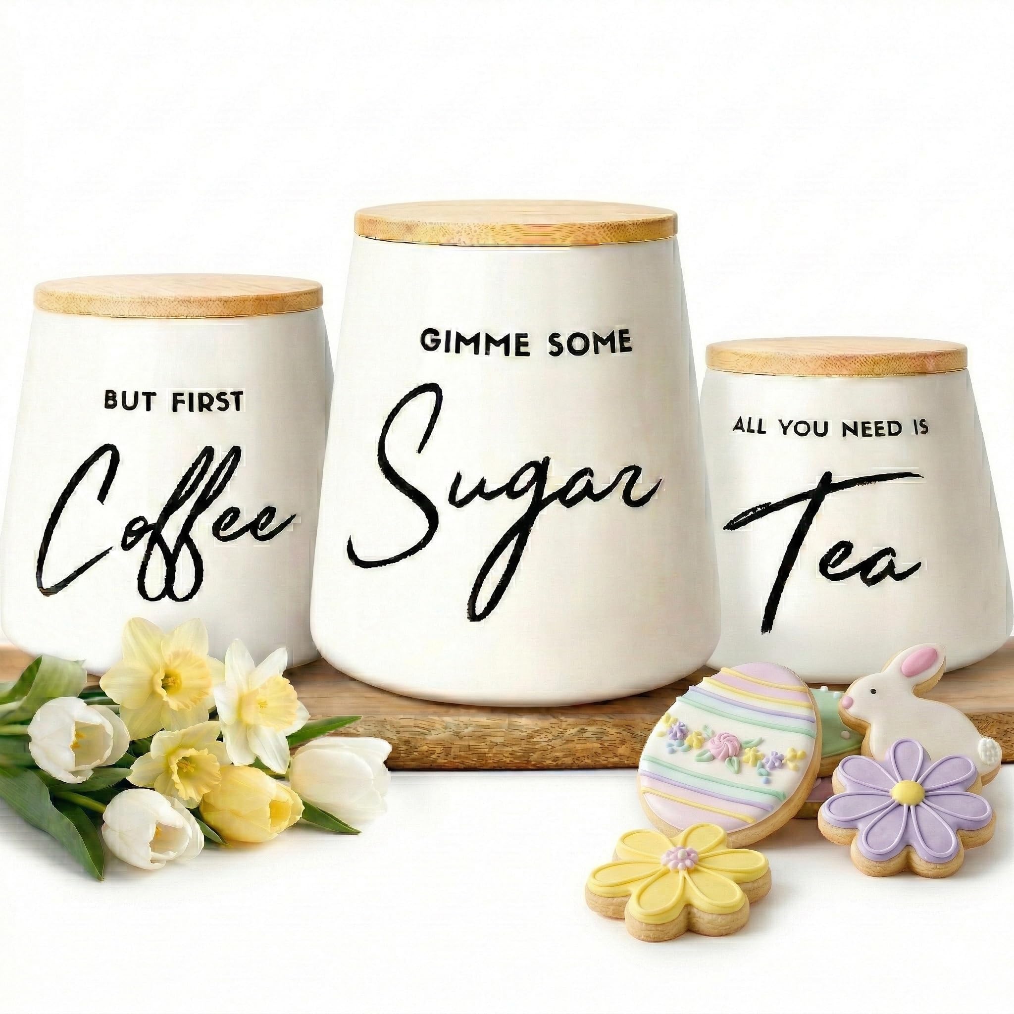 Coffee Tea and Sugar Ceramic Canister Set with Bamboo Lids - 3-Piece Airtight Kitchen Canisters for Countertop - Coffee Bar Container Set
