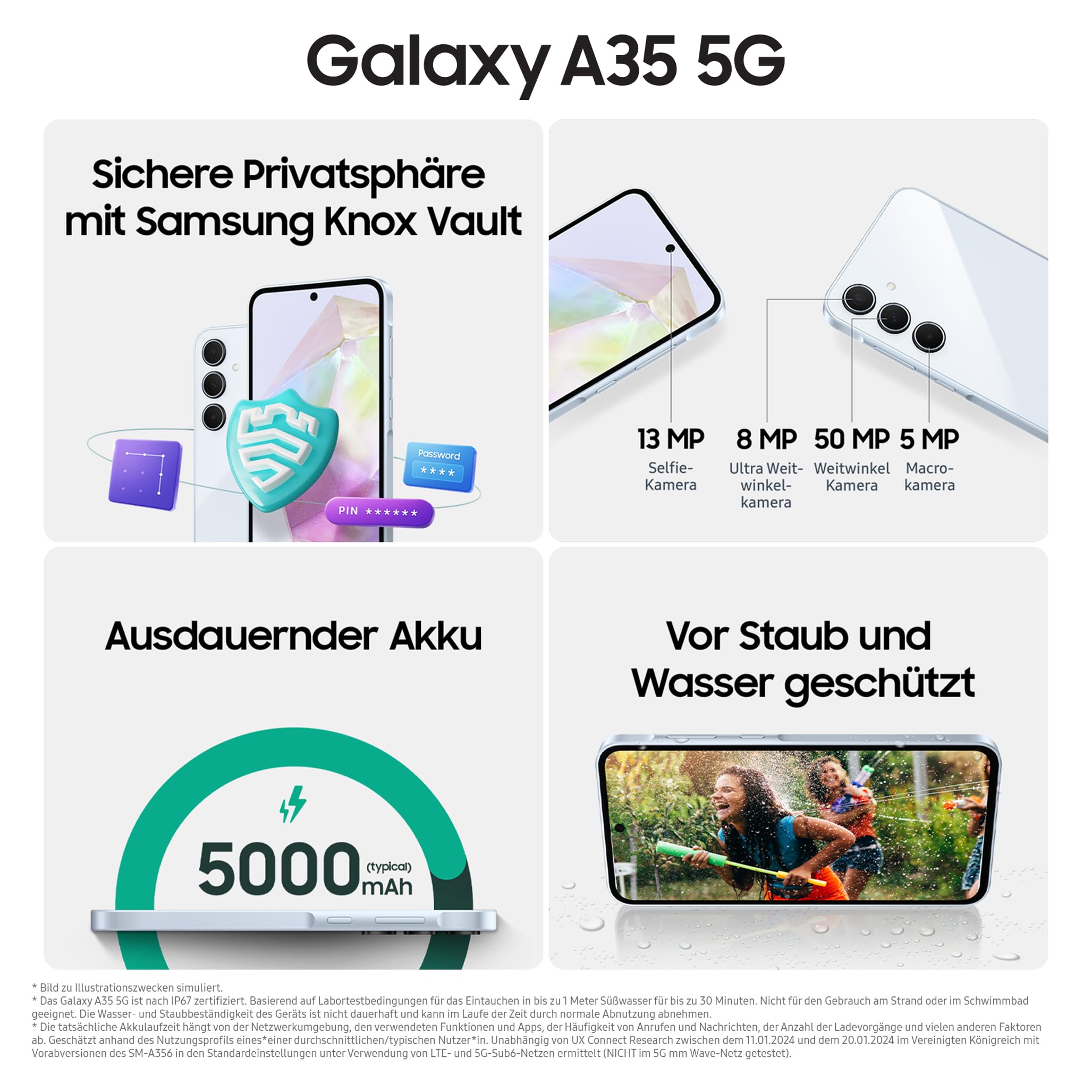 Samsung Galaxy A35 5G Smartphone, Android-Handy ohne Vertrag, 256 GB / 8 GB RAM, 2 Tage Akkulaufzeit, 50-MP-Kamera, Awesome Lemon, 2,5 Jahre Herstellergarantie