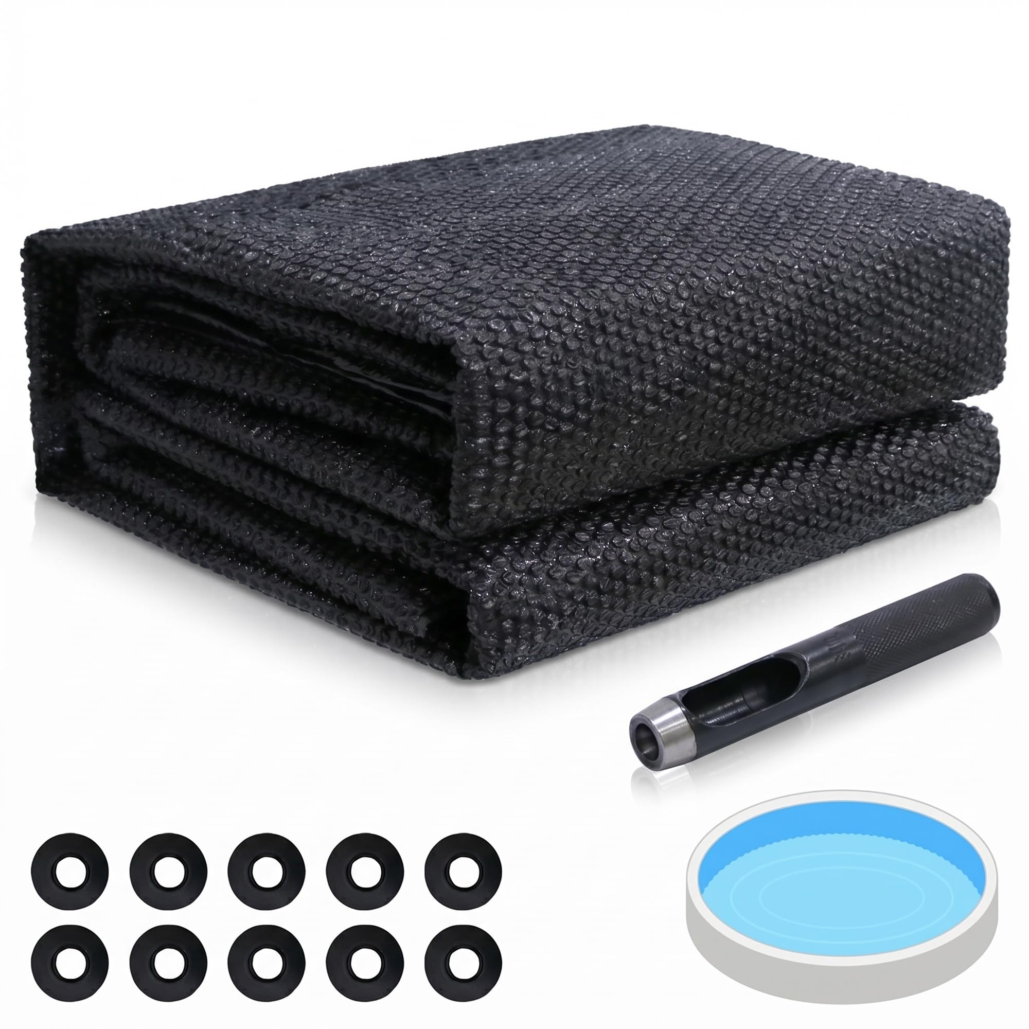 Mucola Solarfolie Pool rund Ø 457 cm Schwarz inkl. 10 Ösen & Werkzeug | Poolabdeckung Solarplane Pool Abdeckplane PVC PE-Folie Luftkammern 120 My | Wärmefolie Poolfolie Solarheizung zuschneidbar
