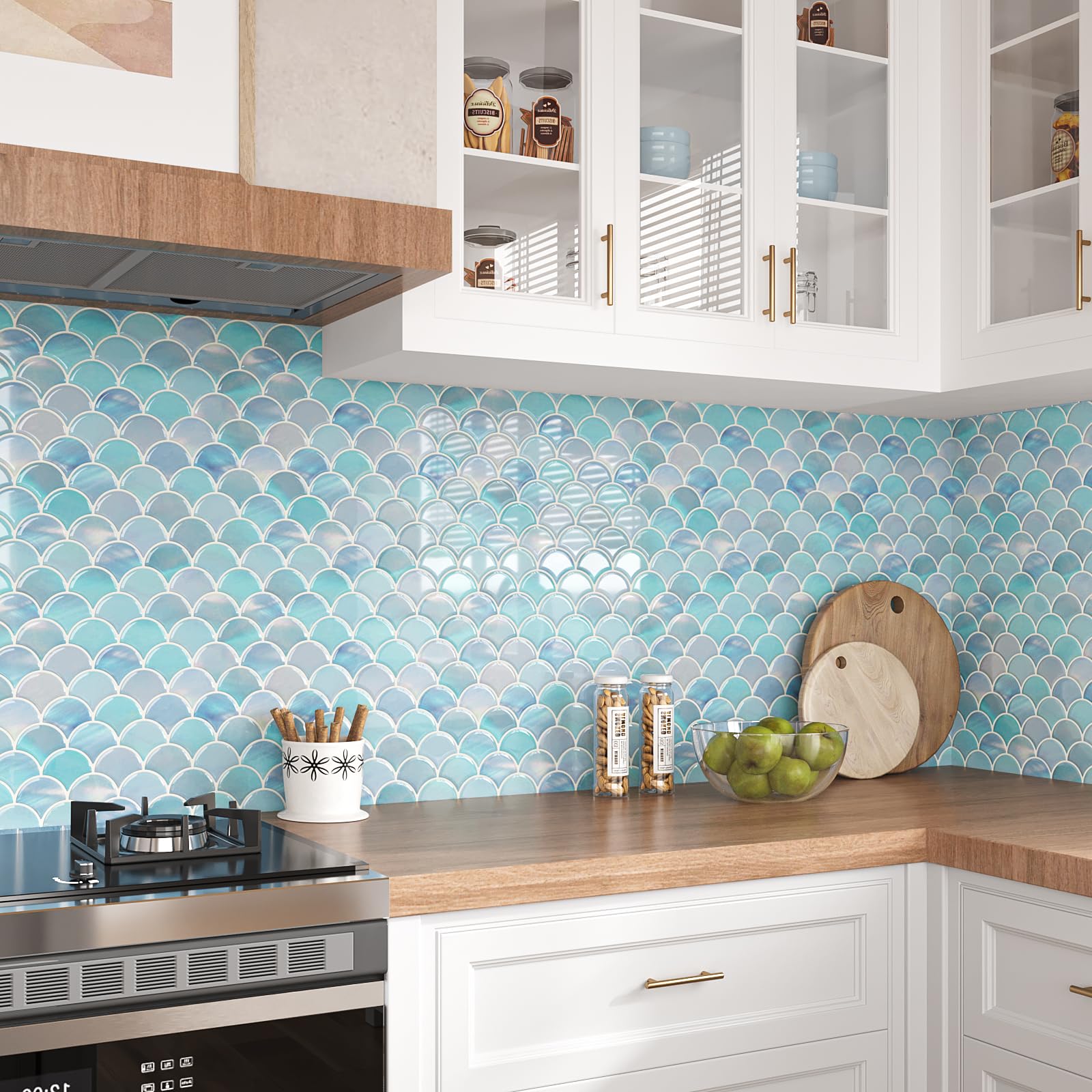VEELIKE Piastrelle in ceramica iridescenti, con squame di pesce blu iridescente, per piastrelle da parete della cucina, stacca e attacca, impermeabili, 12 fogli autoadesivi in ceramica per bagno, 30,5