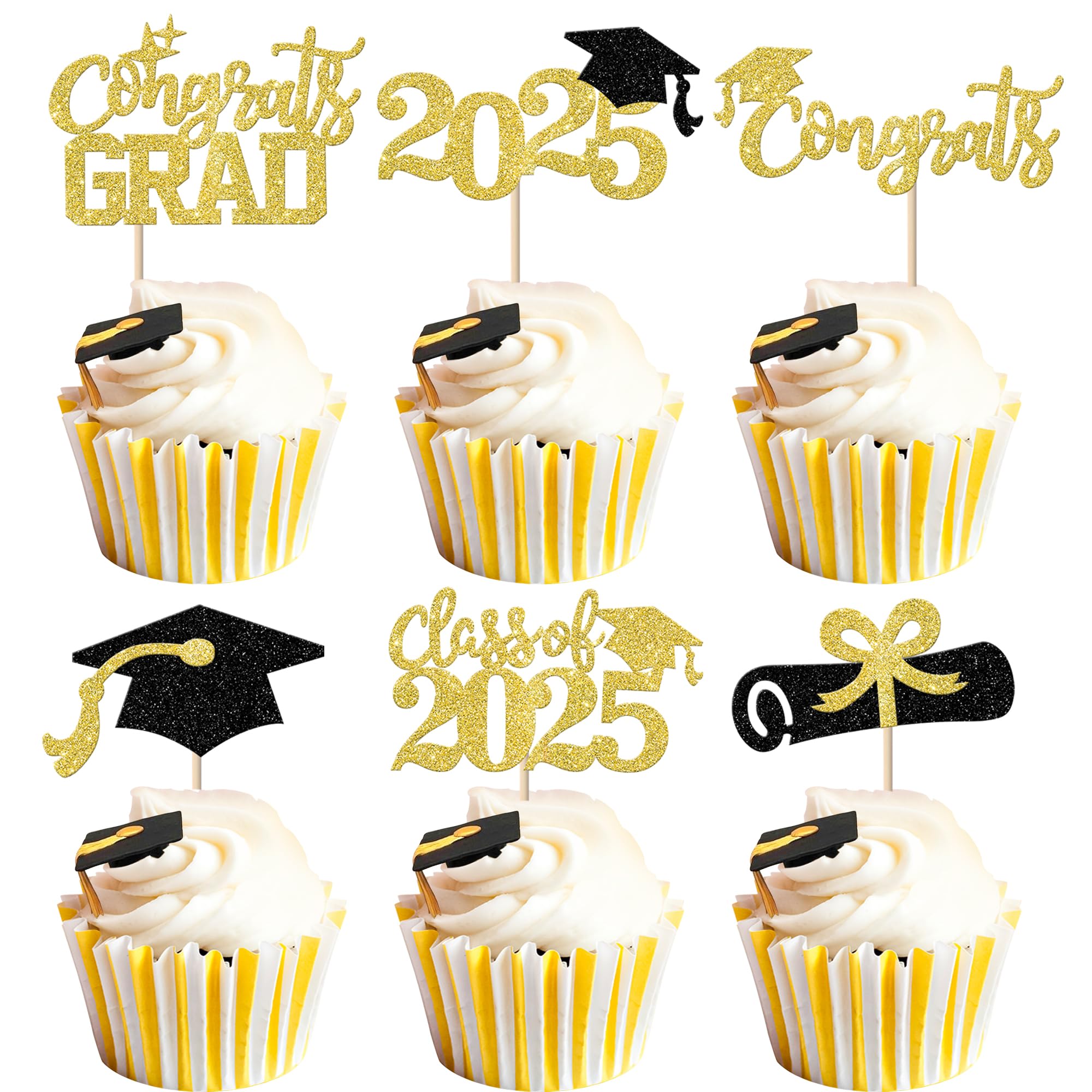 24 Stück Gold Glitzer Cupcake-Topper „Class Of 2023“ – Abschluss-Kappendeko Für Kuchen & Cupcakes