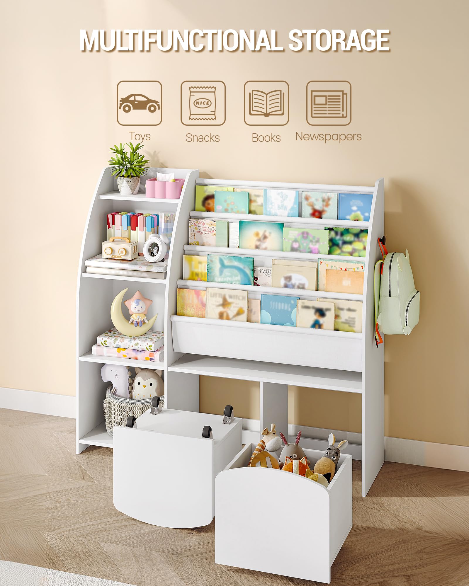 Hzuaneri Bibliothèque Enfant avec Porte-journaux, Meuble Rangement Enfant, Étagère à Jouets avec 2 colonnes, 4 étagères, 30 x 105 x 100 cm, Blanc KB12003W