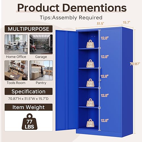 Miniatura 2 de Armario de almacenamiento de metal con cerradura, gabinete de garaje negro de 71 pulgadas con 2 puertas y 4 estantes ajustables, armarios de acero