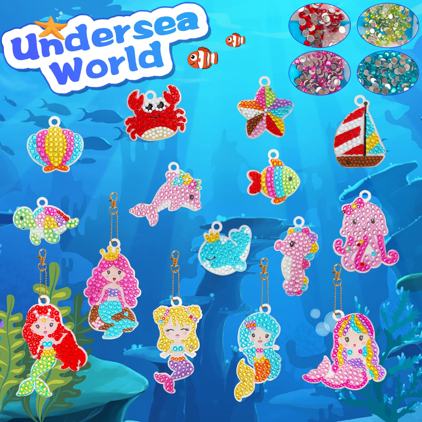 Kit 5D Diamond Painting Portachiavi Per Bambini - 15 Pezzi Con Motivi Sirena E Unicorno - Foto 3