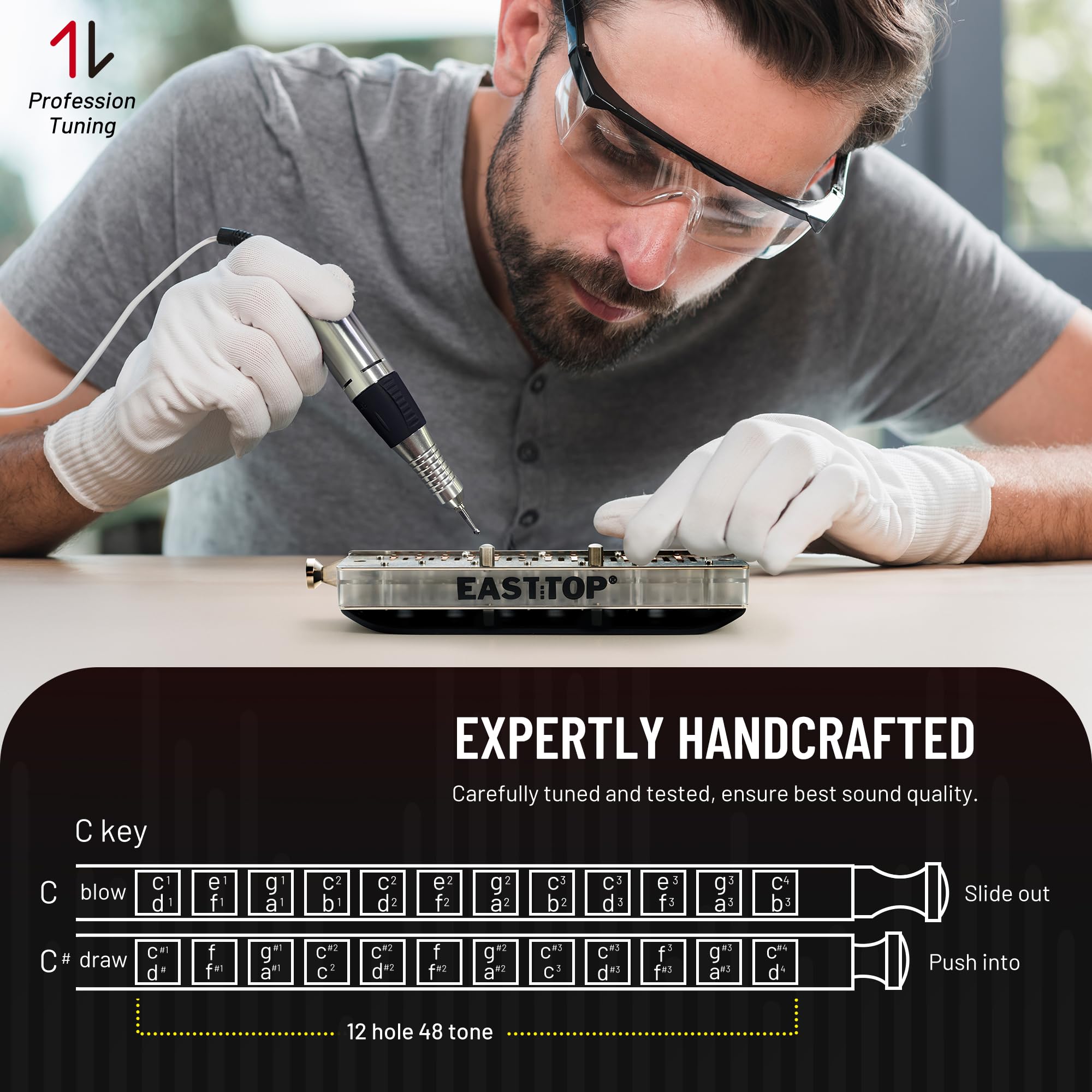 EAST TOP Harmonijka chromatyczna klucz C, 12 otworów, 48 tonów, profesjonalna harmonijka chromatyczna dla dorosłych, profesjonalistów i studentów, czarny
