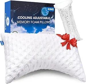 Cooling Side Sleeper Pillow for Neck and Shoulder Pain, Luxury Shredded Memory Foam Curved Bed Pillows for Sleeping Set of 1- Adjustable King Size- Washable Cover Crescent White