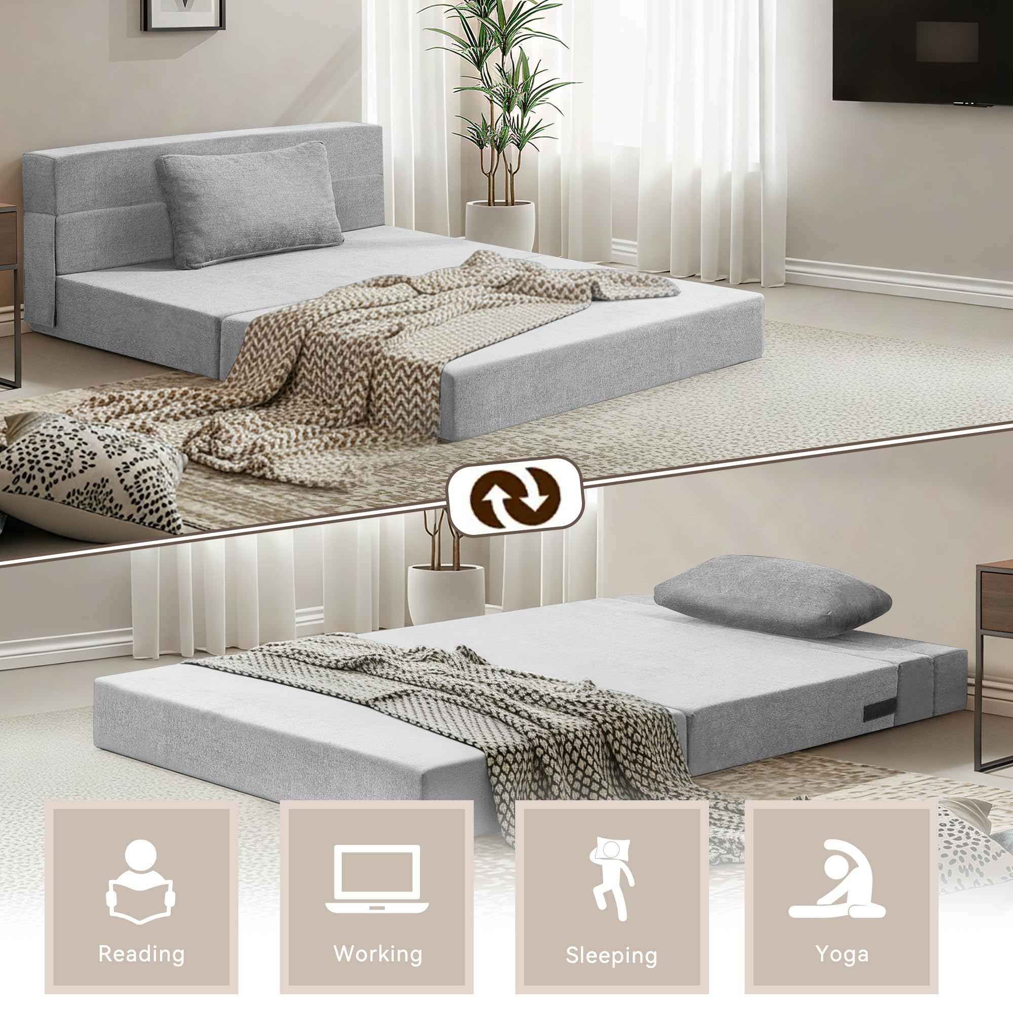 Doppelte Schlafsofa 100 x 203 cm - Faltbare Schlafcouch Gästematratze für 2 - Schlaffunktion, Bettcouch für Wohnzimmer Schlafzimmer mit Memory Schaum & Kissen, Bodensessel Waschbar Set Hellgrau