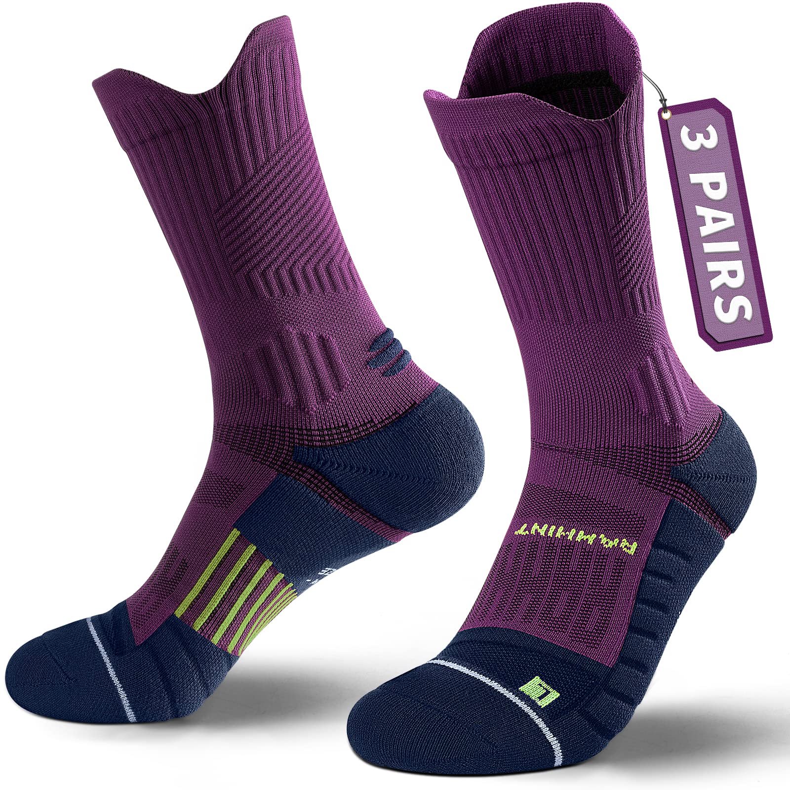 Compression Running Socks 3 Pairs, Cushion Crew Socks, Anti-Blister Moisture Wicking Athletic Hiking Basketball Socks