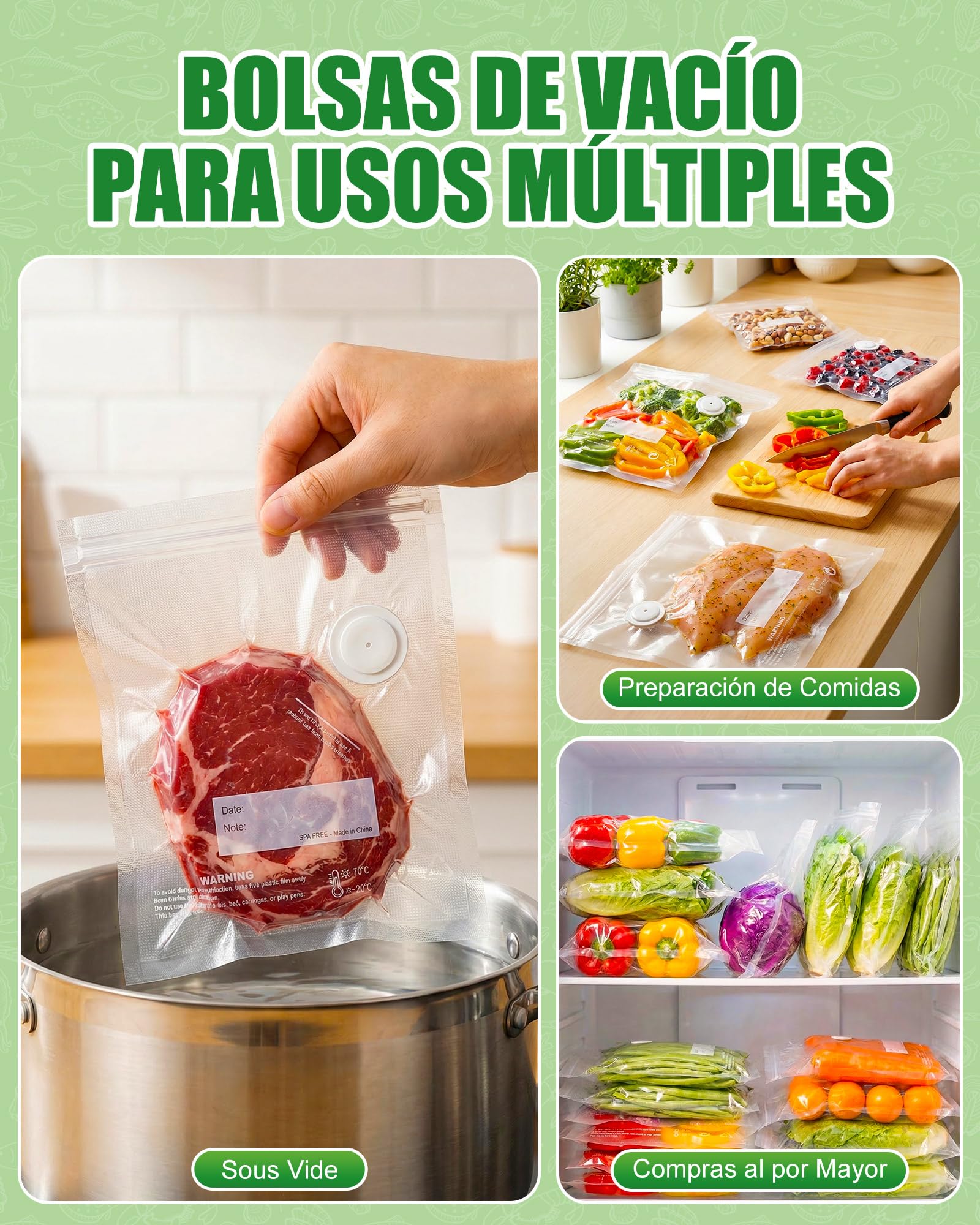Babacom 30PCS Bolsas Vacio Alimentos Reutilizables para Envasadora al Vacío con Válvula de Aire y 10 Pinzas–Mediano (26x28cm), sin BPA,Mantienen Frescura para Congelador,Microondas y Cocción Sous Vide