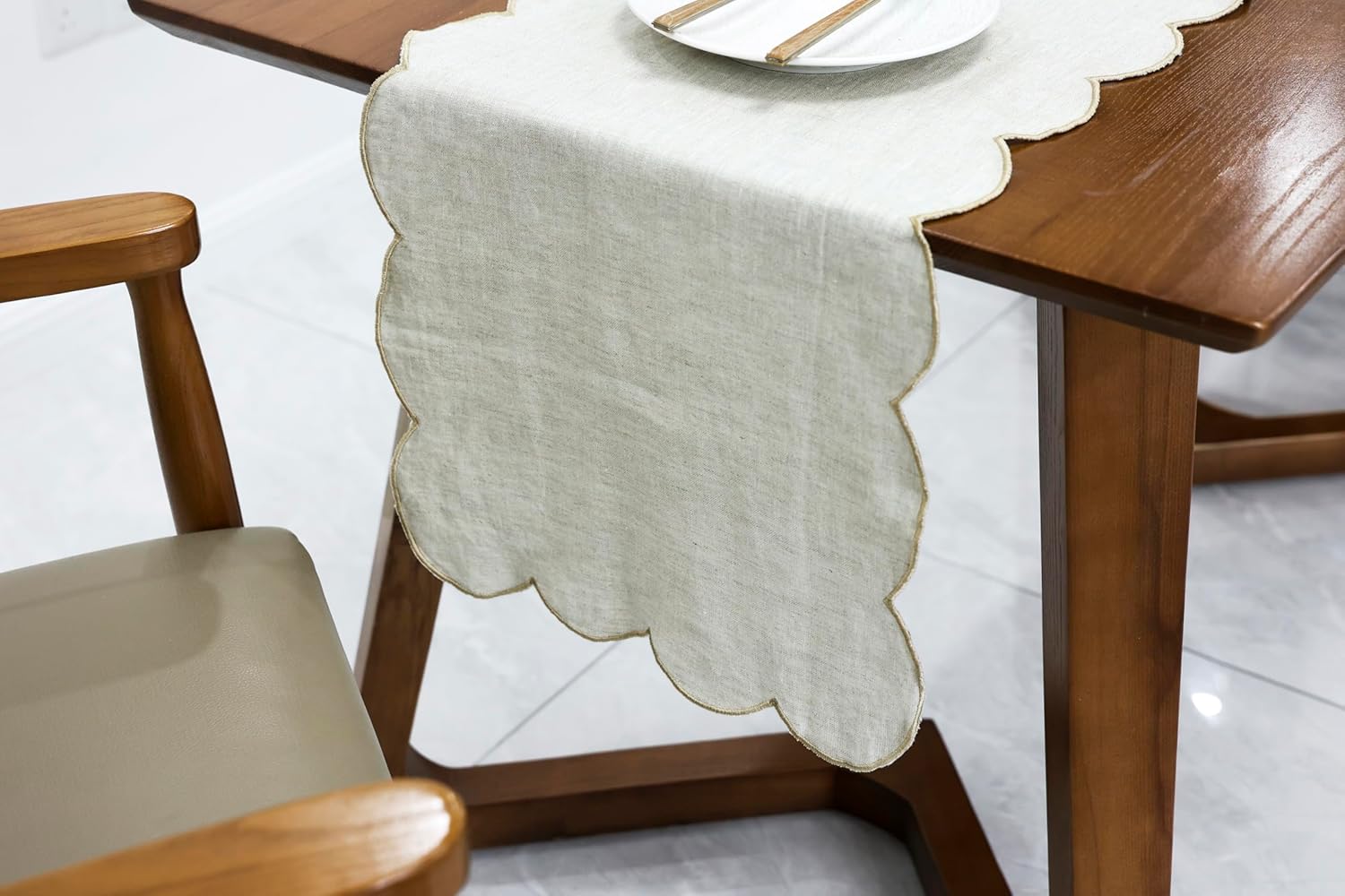 100% Natural Linen Rustic Scalloped Embroidery Table Runner 108 Inches Long, Linen Table Runner 14 x 108 Inch for Dresser and Dining Tables Decor, 8-10 Sets, Linen(Edges-Gold)