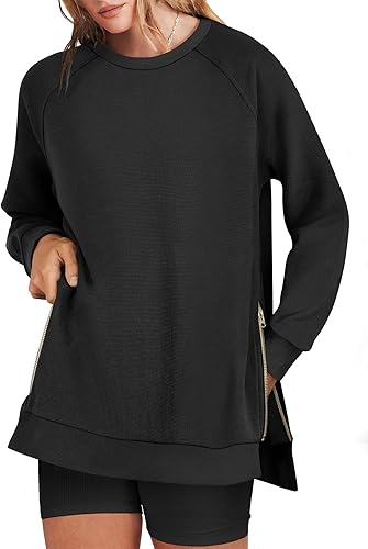 ANRABESS - Sudadera de gran tamaño para mujer, cuello redondo, manga larga, tipo túnica, con cremallera lateral, sudadera con capucha, suéter de