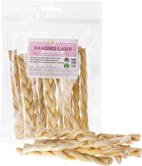200g Braided Lamb Skin (Approx 20 Sticks) 6" Inch Natural Dog Treat Chew Gluten & Grain Free By JR Pet Products