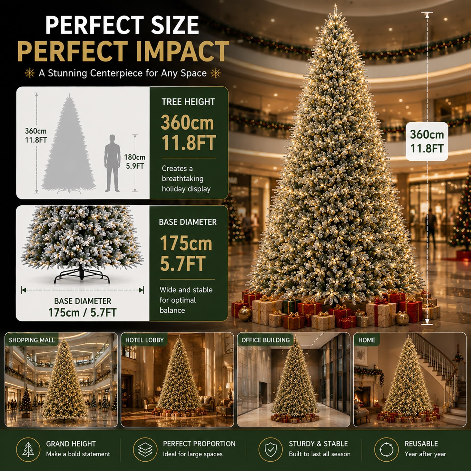Árbol de Navidad Artificial de PE 360CM, Arbol Navidad Nevado Preiluminado