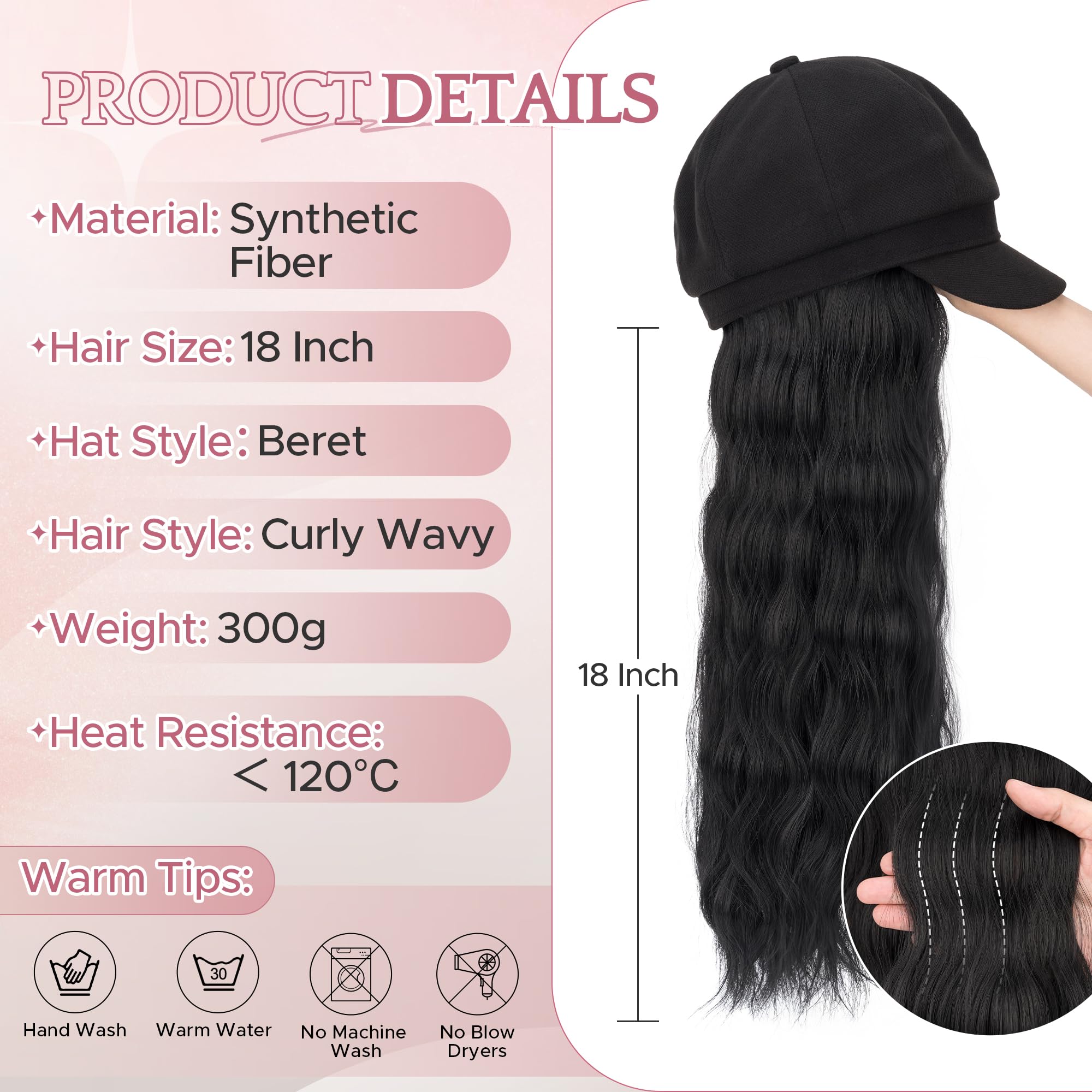 SEGO 18 Inch Long Wavy Hair Extension With Attached Black Beret Hat Synthetic Hairpiece Fashionable For Women - Dark Black - Image 2