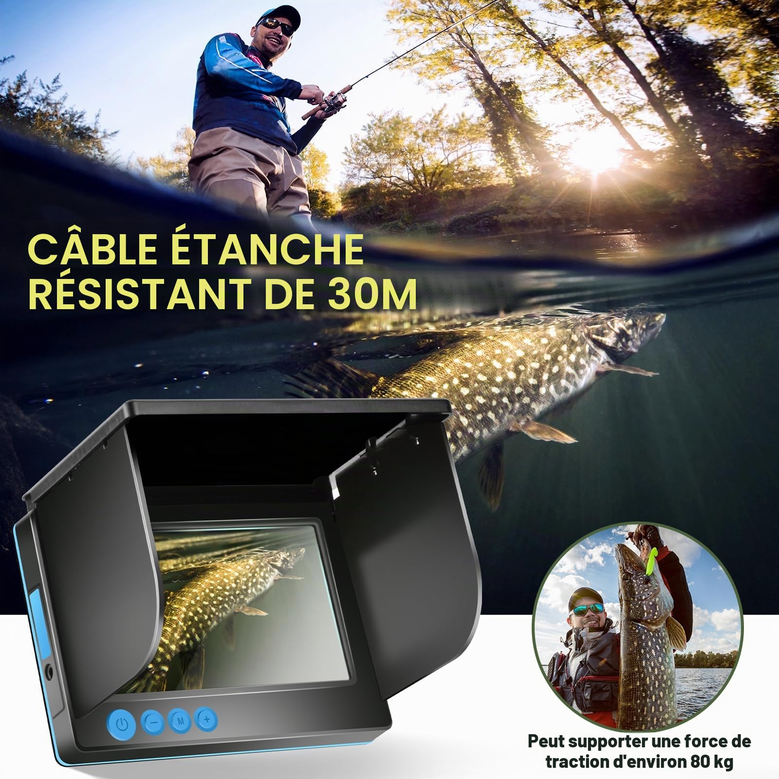 Fish Finder Sondeur Bateau, Caméra sous-marine avec écran IPS de 5 pouces, vision nocturne infrarouge, grand angle, hôte IP65, étanche, pour glace, rivière et bateau