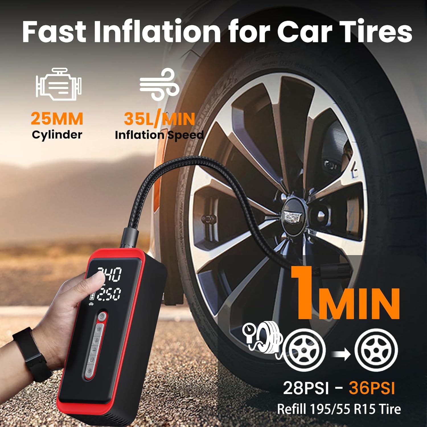 ROTOPATA Cordless Tire Inflator for Car Tires, Portable Air Compressor 150PSI with 7500mAh Battery, Digital Tire Pressure Gauge, Auto Shut Off, 12V DC Backup, LED Light for Car Bike Motorcycle Ball