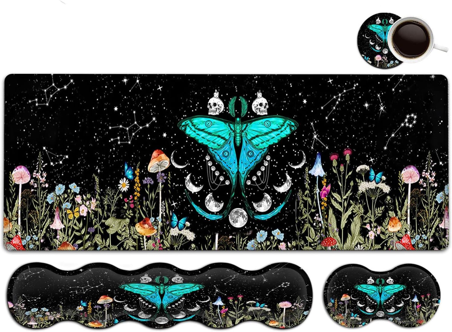 Large Mouse Pad, Ergonomic Mouse Wrist Support + Keyboard Wrist Rest Set+ Extended Gaming Mouse Pad Moth Moon Phase Witchy Office Desk Mat Black Writing Mat Laptop Protector Accessories Desk Pad