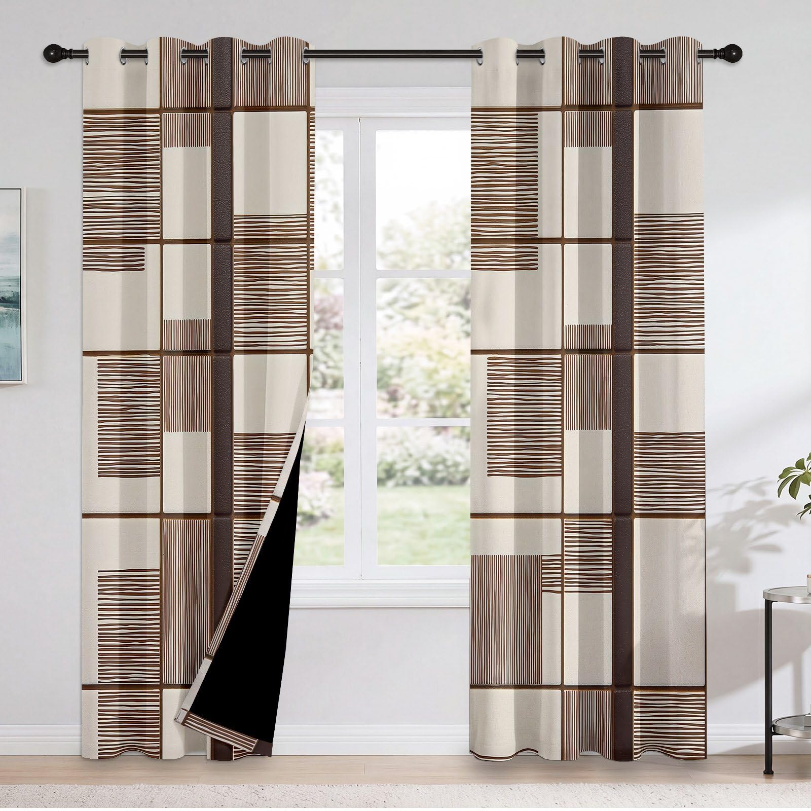 Lot de 2 Rideau Occultant 70L x 160H cm Moderne Minimaliste Rideaux Occultant Échiquier Rayure Carreau Géométrique Thermiques Imprimé Brun Beige, Rideau Oeillets Opaque Draperie pour Salon et Chambre
