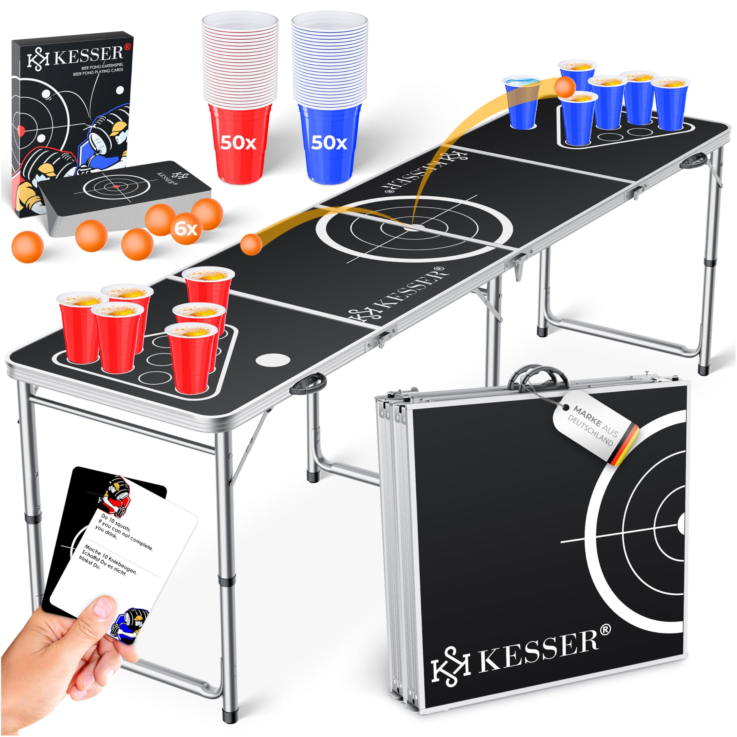 KESSER® Beer Pong Tisch Set mit Kartenspiel, Trinkspiel inkl. 100 Becher (50 Rot & 50 Blau), 6 Bälle & Regelwerk, Partyspiel, Table Höhenverstellbar & Klappbar