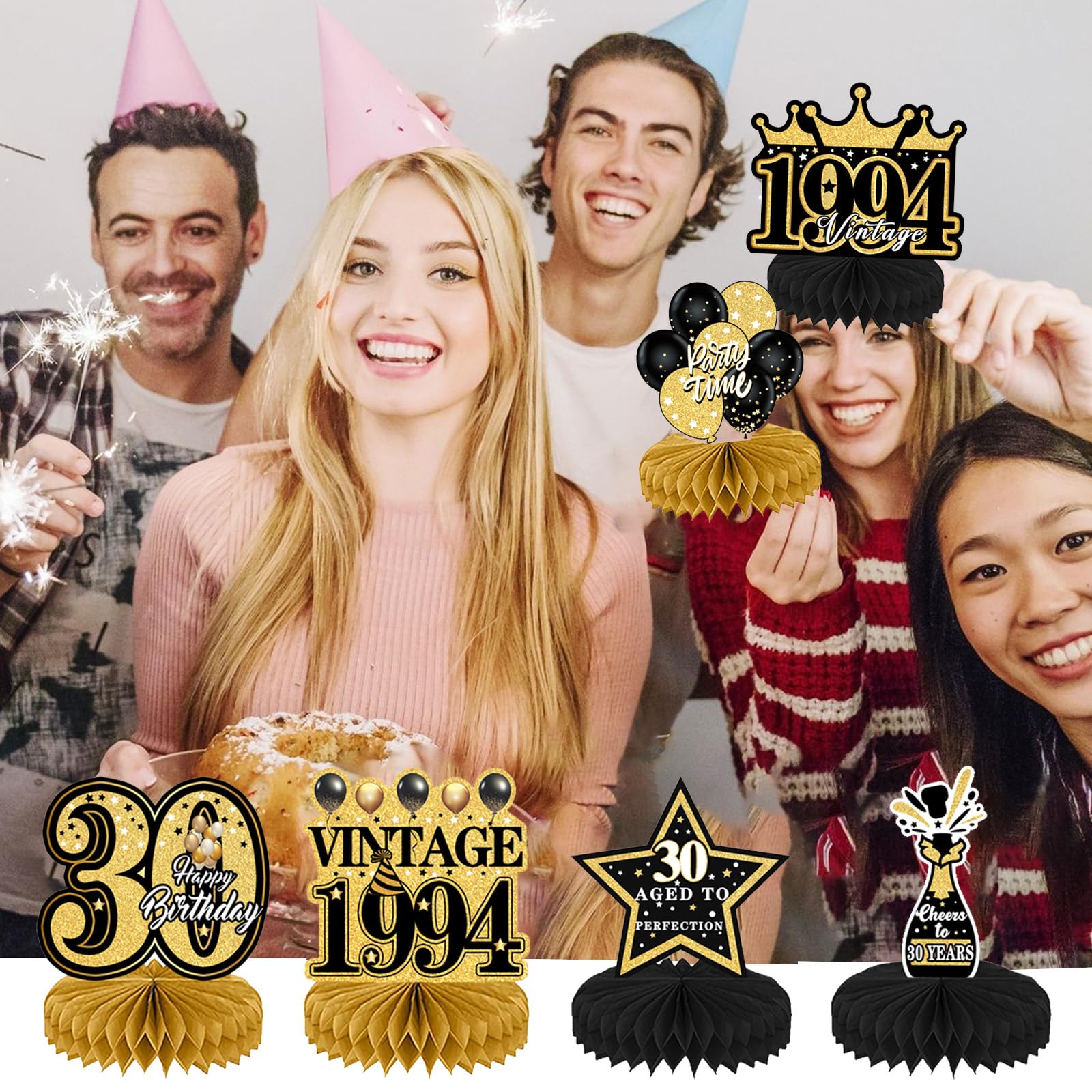10 Pezzi Centrotavola 30° Compleanno,Compleanno Centrotavola a Nido d'Ape,Decorazione a nido d'ape per compleanno,Addobbi Compleanno Tavolo,Centrotavolo Compleanno 30 Anni,Oro Nero Happy Birthday