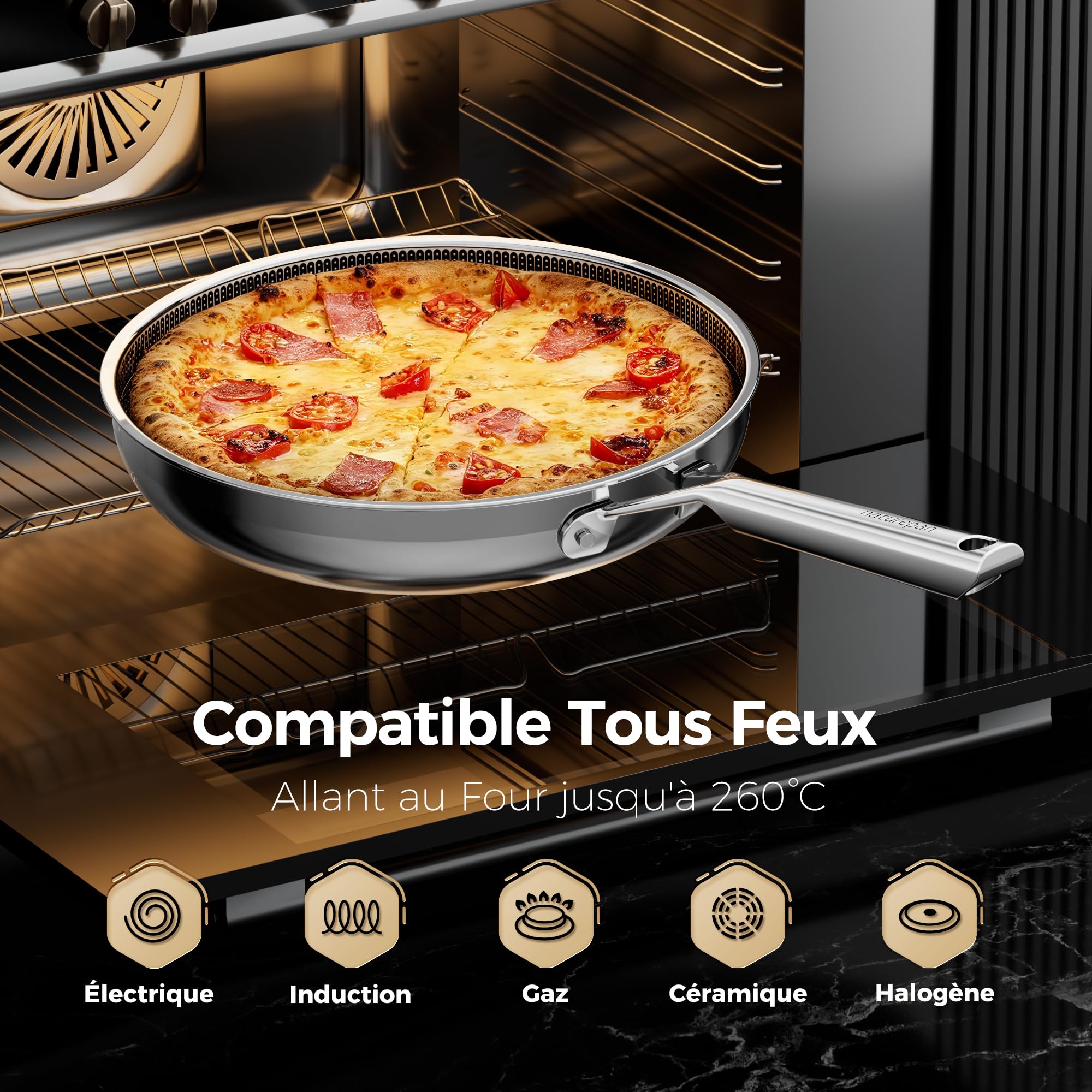 Poêle Hybride Acier Inoxydable 20 cm, Revêtement Céramique Diamant Titane, Structure 5 Couches, Surface Nid d'Abeille Laser, Compatible Induction, Poignée Froide, Lave-vaisselle