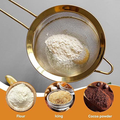 Miniatura 3 de Juego de 3 coladores de malla fina, colador dorado para exprimir jugo de acero inoxidable, juego de 3 coladores de malla fina con asa para cocina,